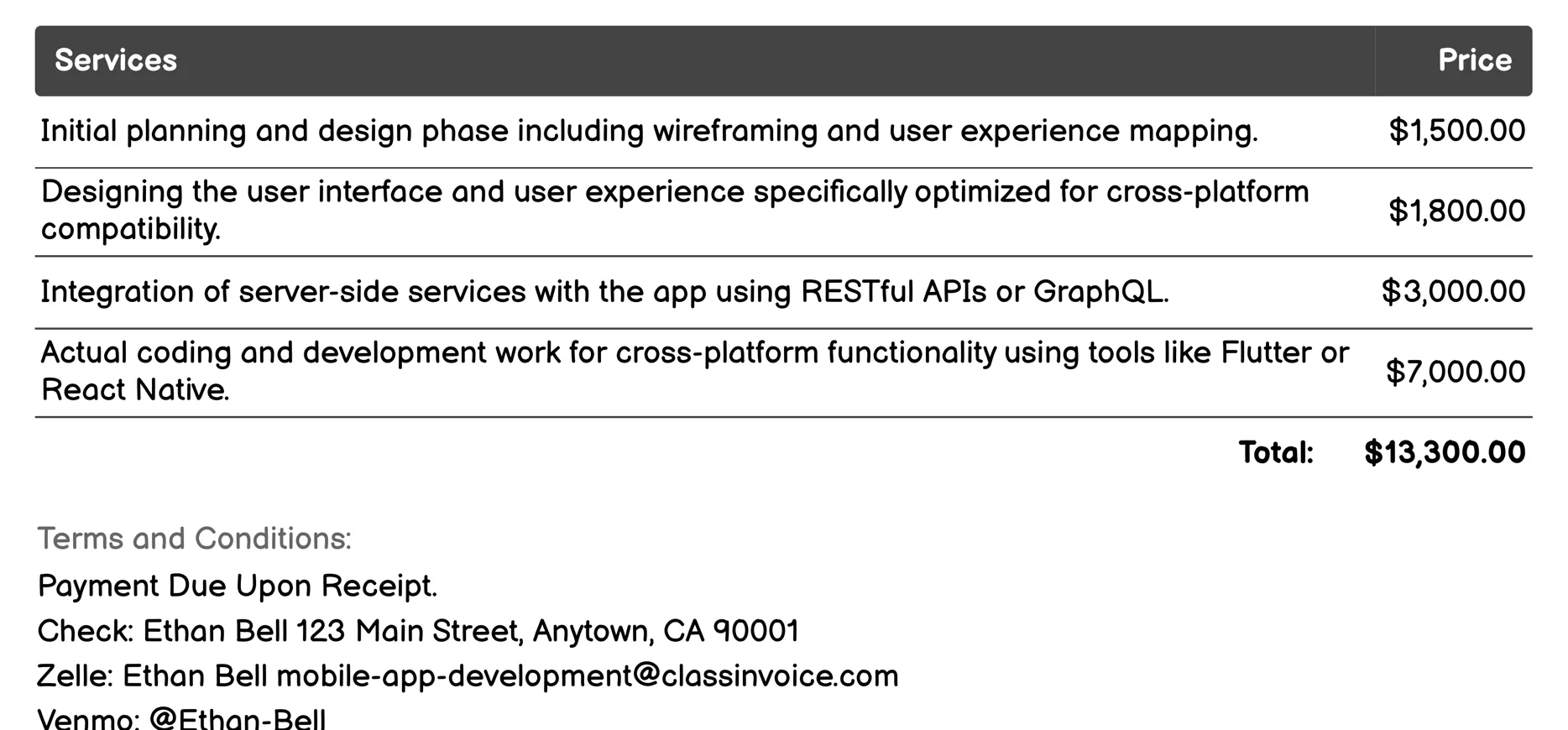 Cross-Platform App Development Invoice Example