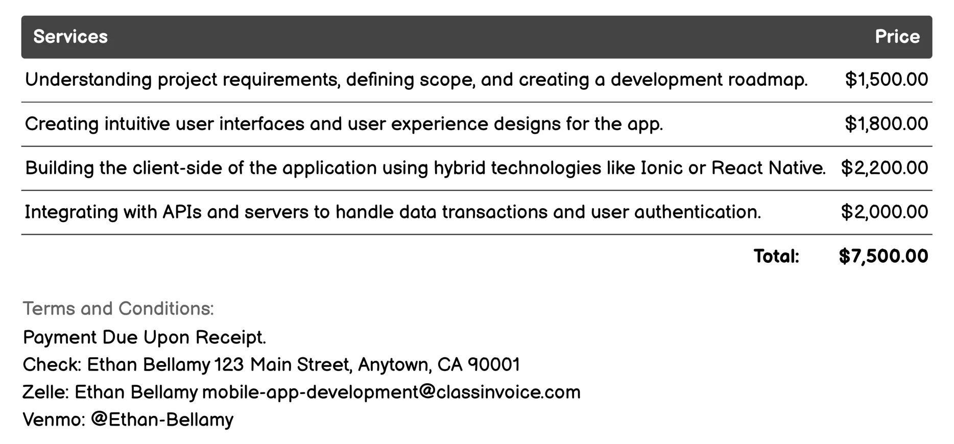 Hybrid App Development Invoice Example