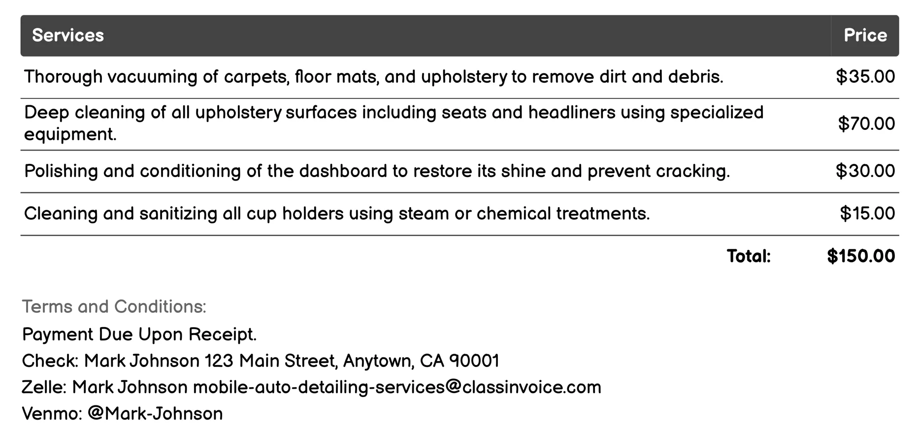 Deep Interior Detailing Invoice Example