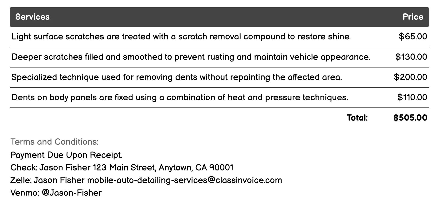 Dent Removal and Scratch Repair Invoice Example