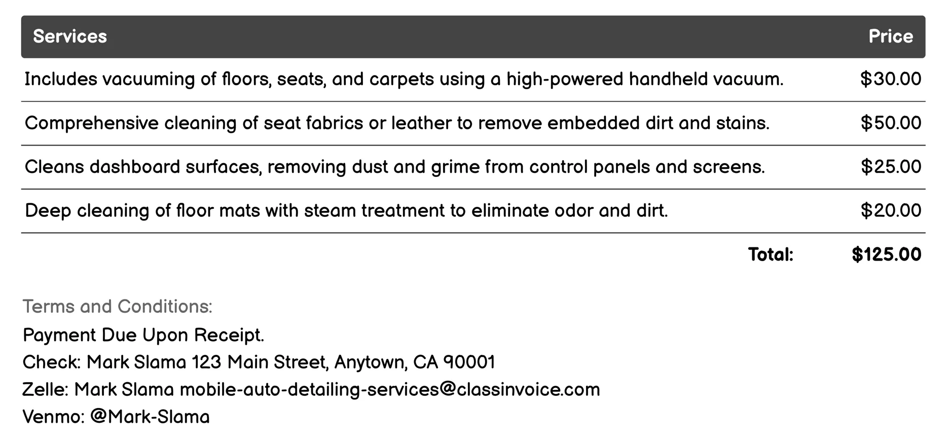 Interior Vacuuming and Cleaning Invoice Example