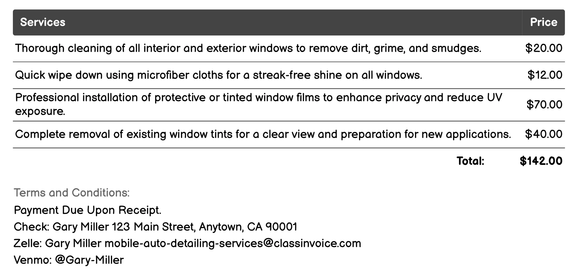 Window Treatment Invoice Example