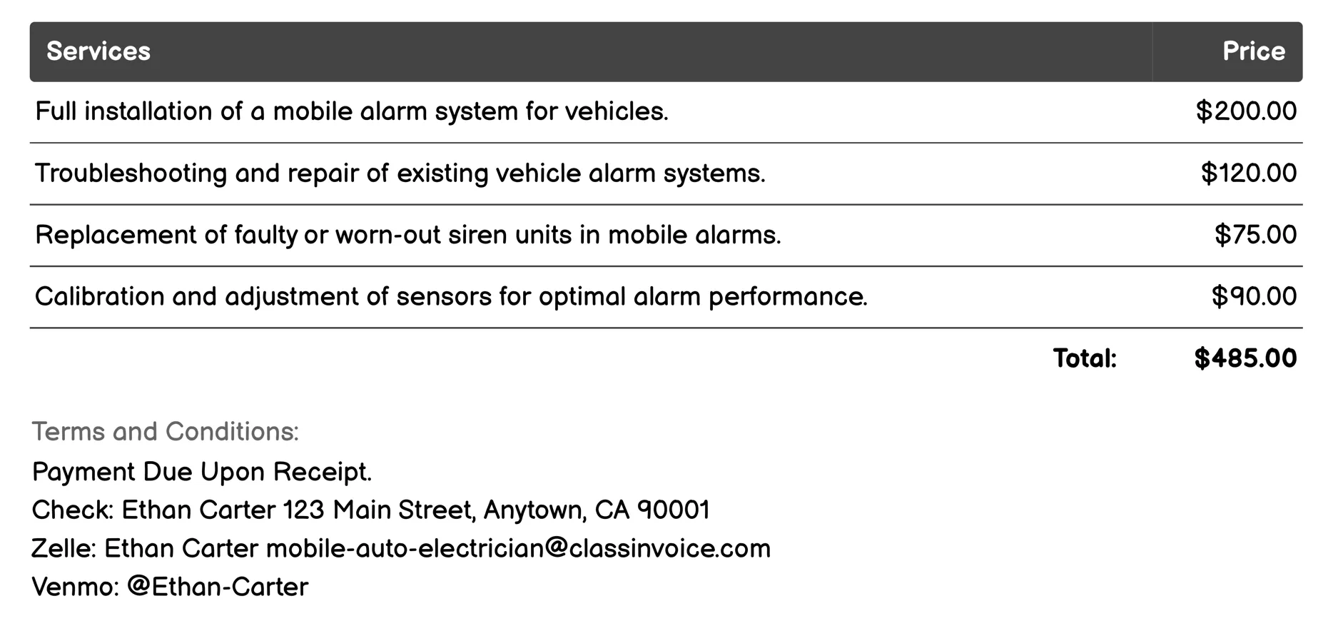 Alarm Systems Installation and Repair Invoice Example