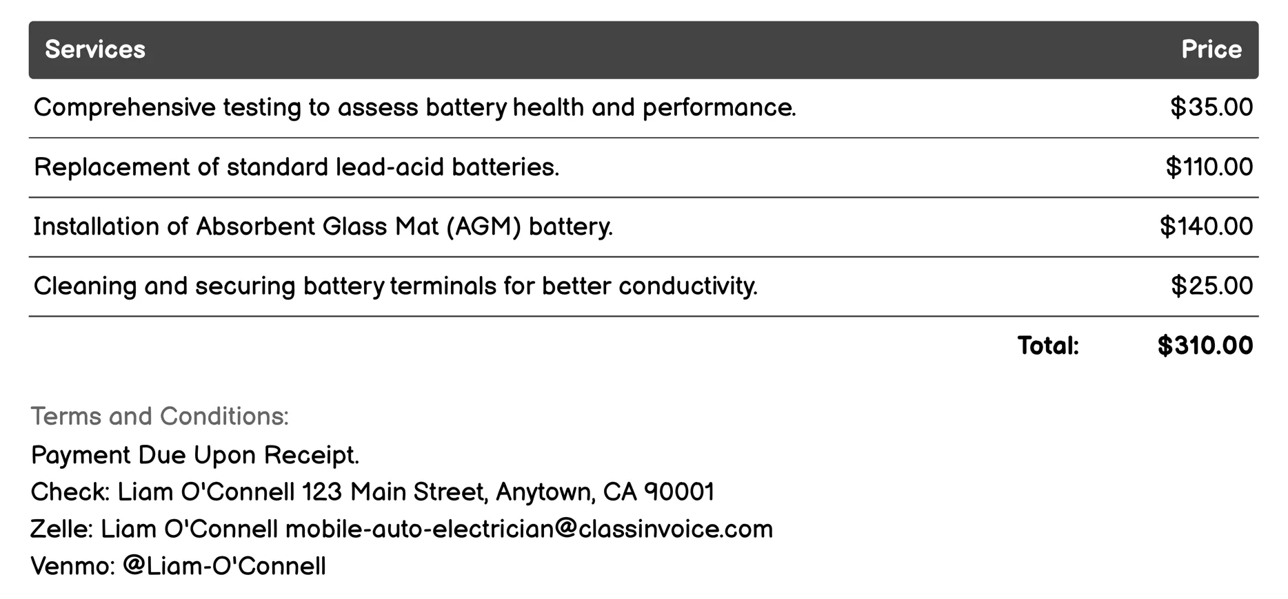 Battery Testing and Replacement Invoice Example