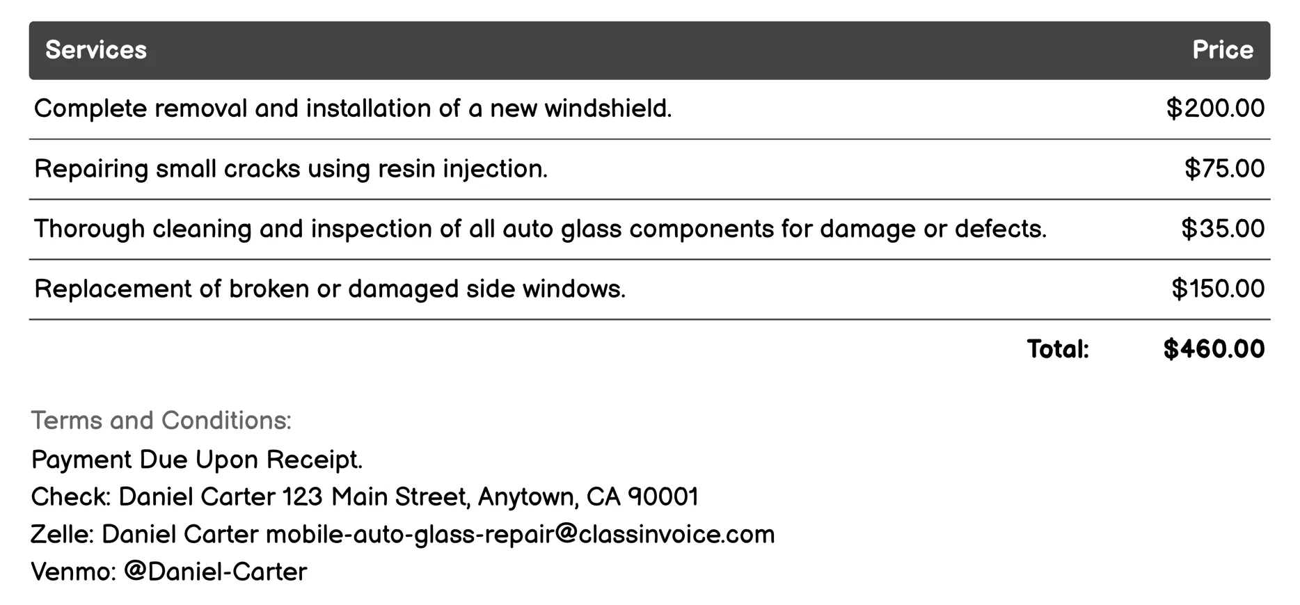 Insurance Claims Assistance Invoice Example