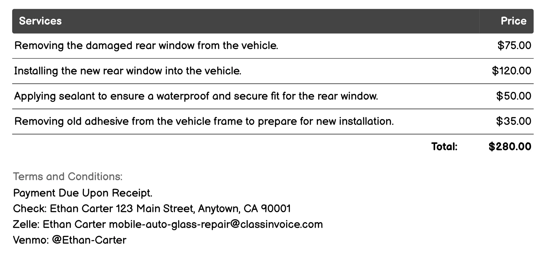 Rear Window Replacement Invoice Example