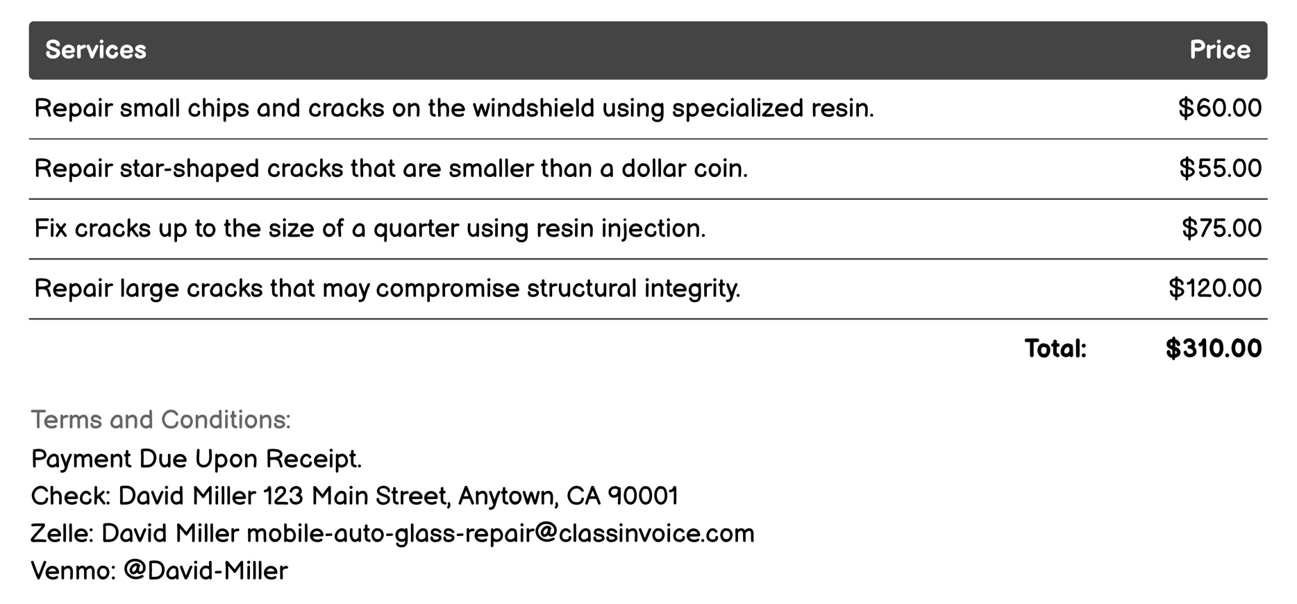 Windshield Repair Invoice Example