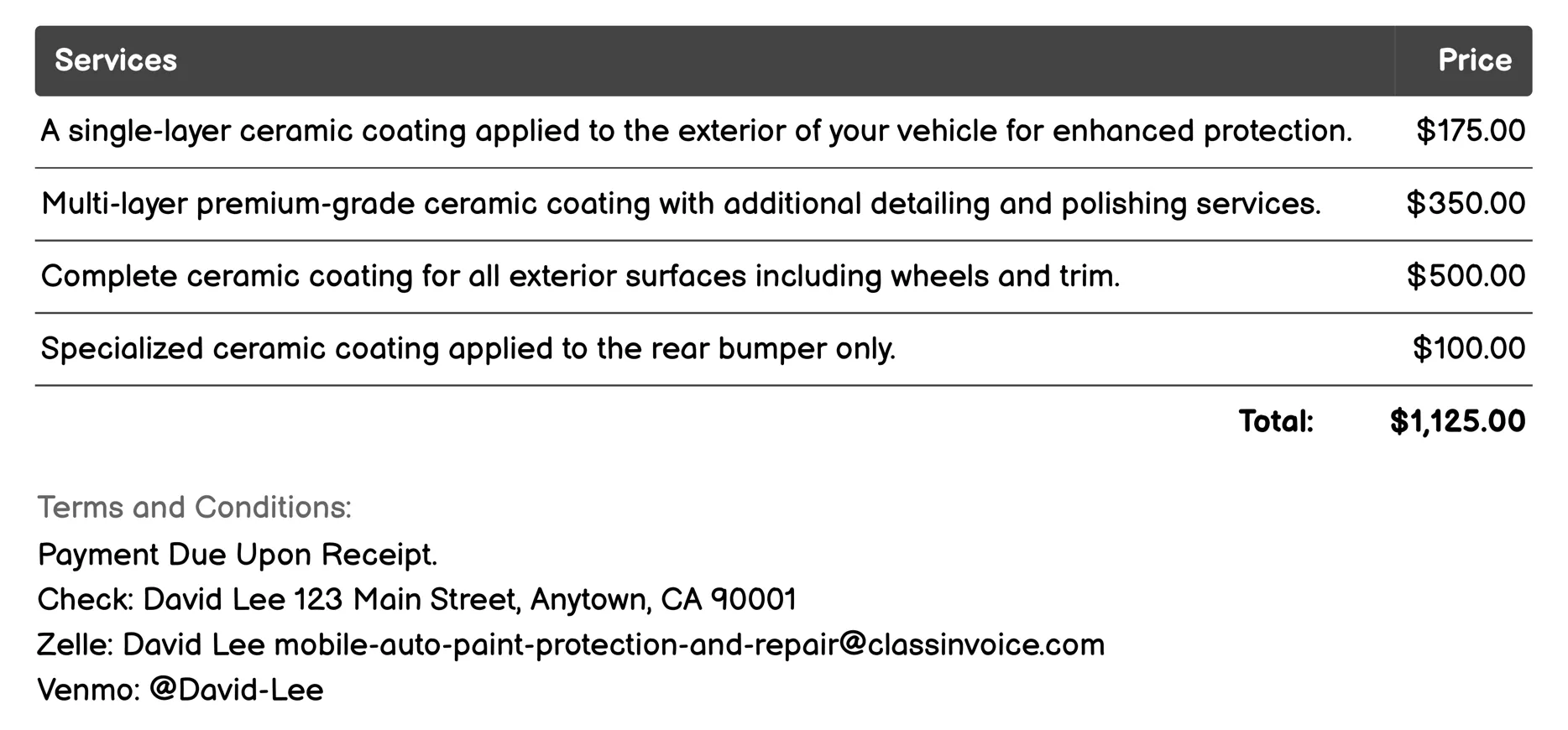 Ceramic Coating Application Invoice Example