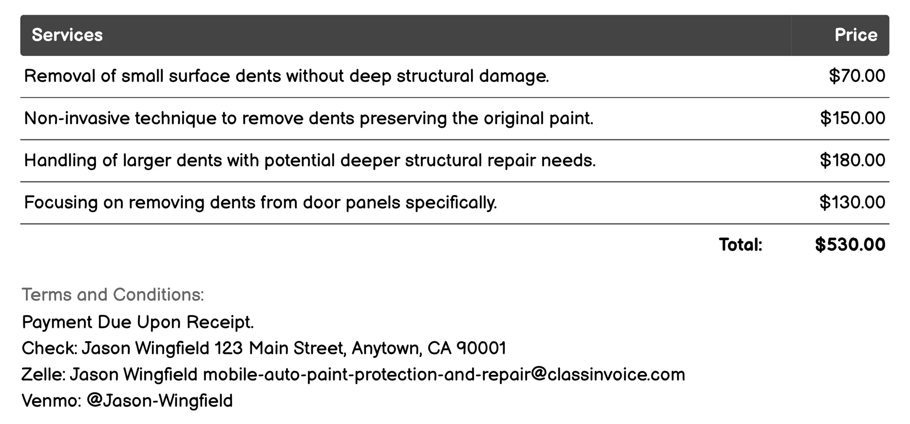 Dent Removal Invoice Example