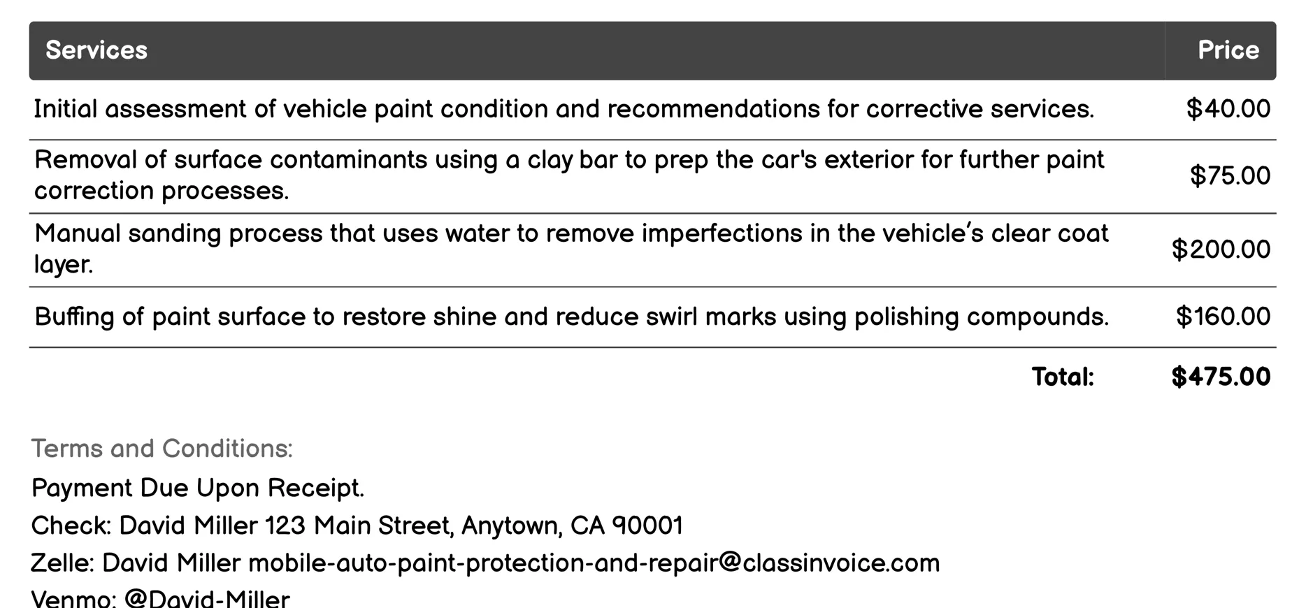 Paint Correction Invoice Example