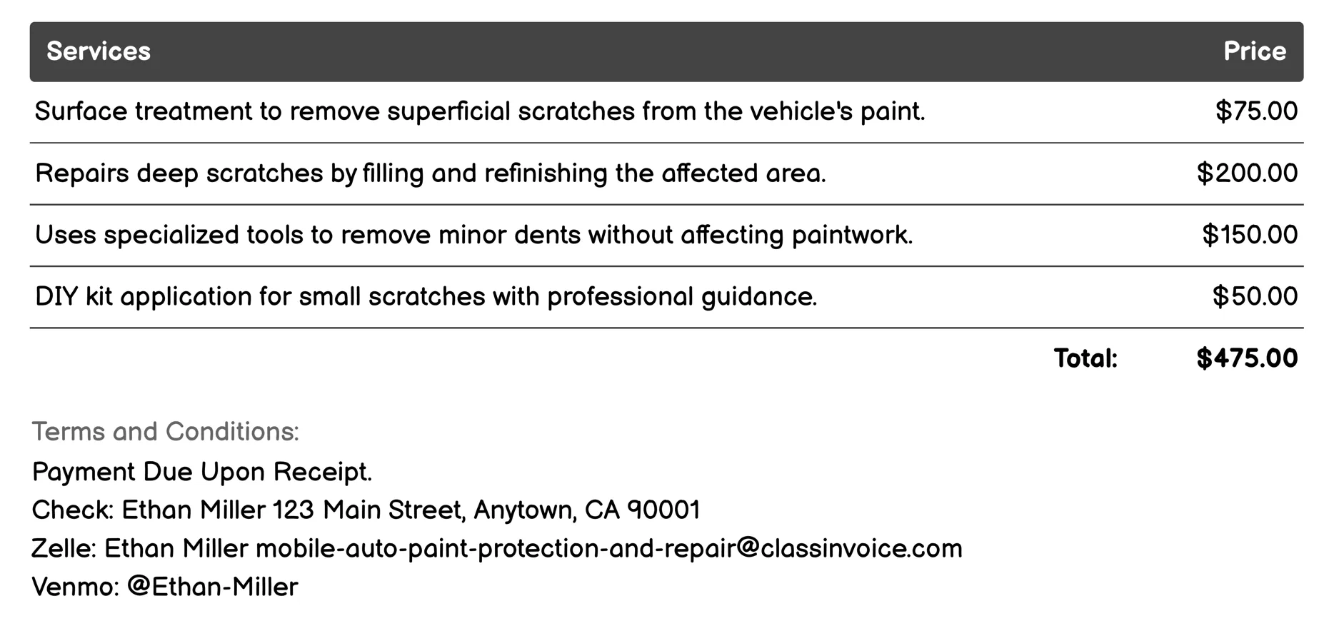 Scratch Repair Invoice Example