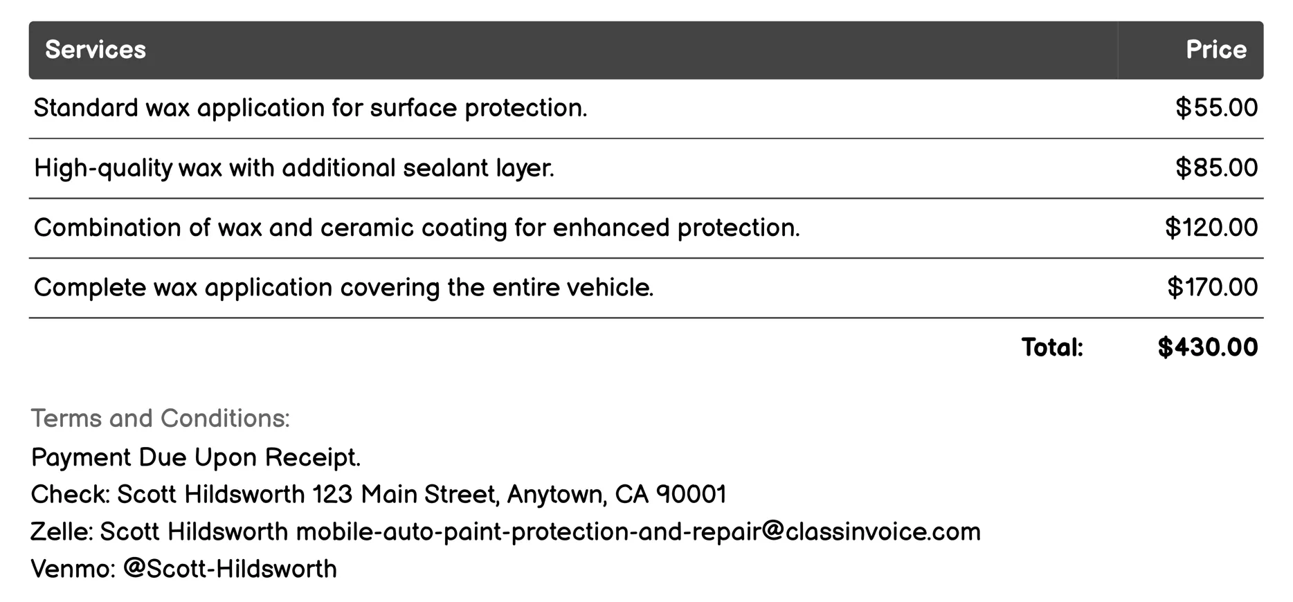 Wax Application Invoice Example