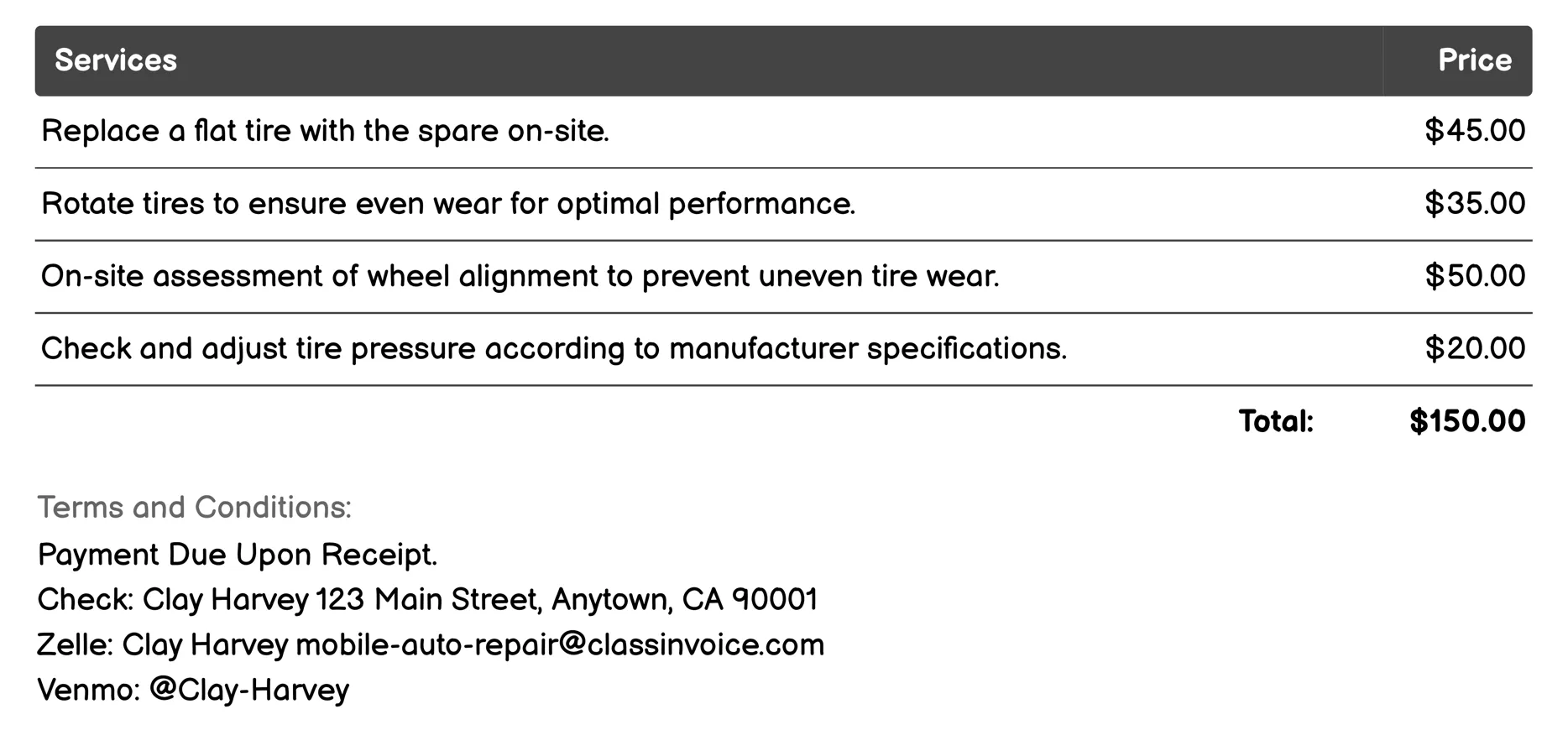 On-site Mobile Tire Services Invoice Example