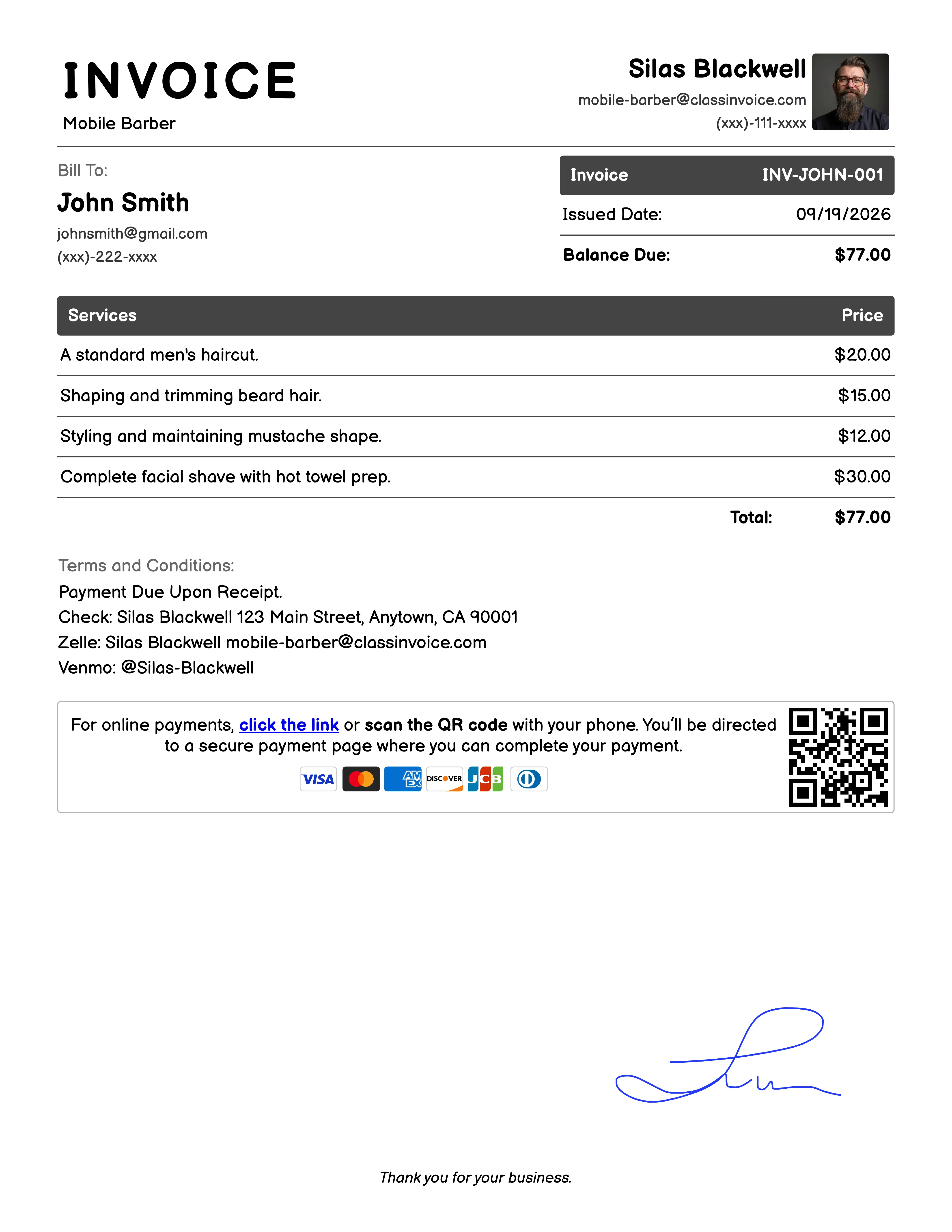 Mobile Barber Invoice Example