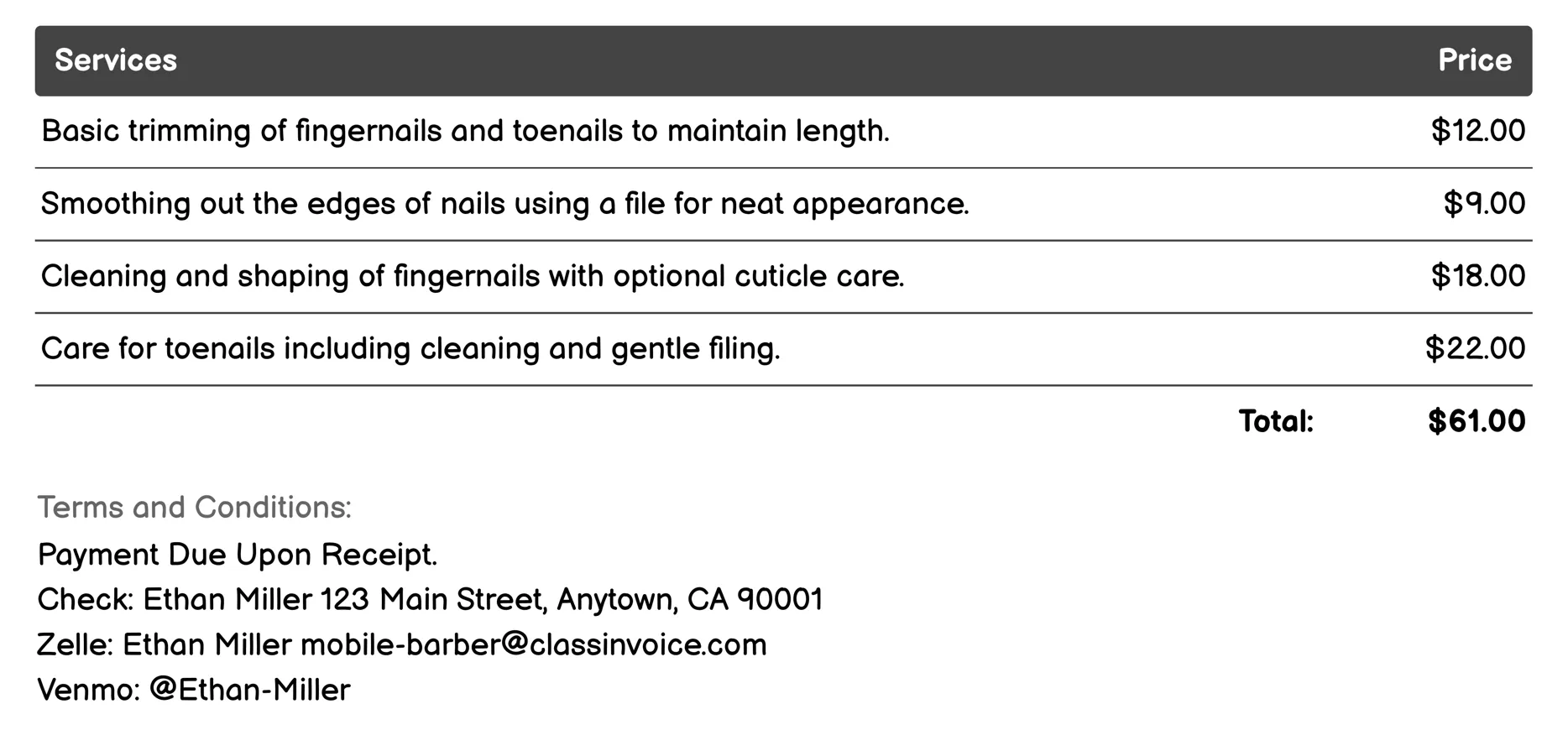 Nail Care Invoice Example