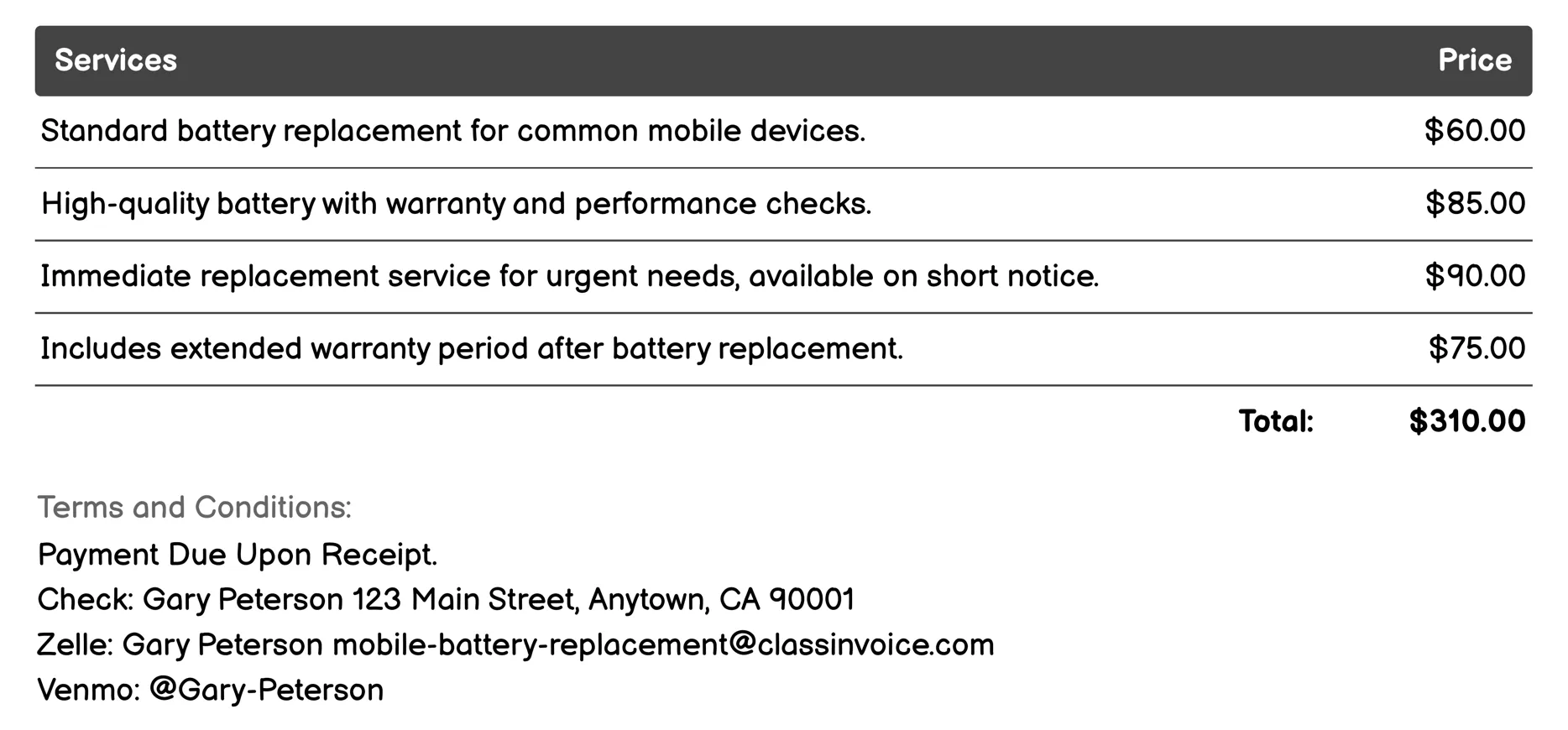 On-Site Replacement Invoice Example