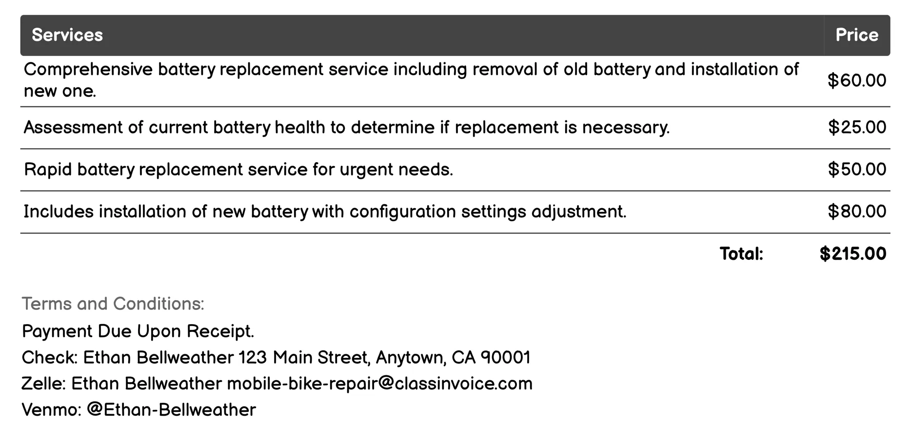 Battery Replacement (for E-Bikes) Invoice Example