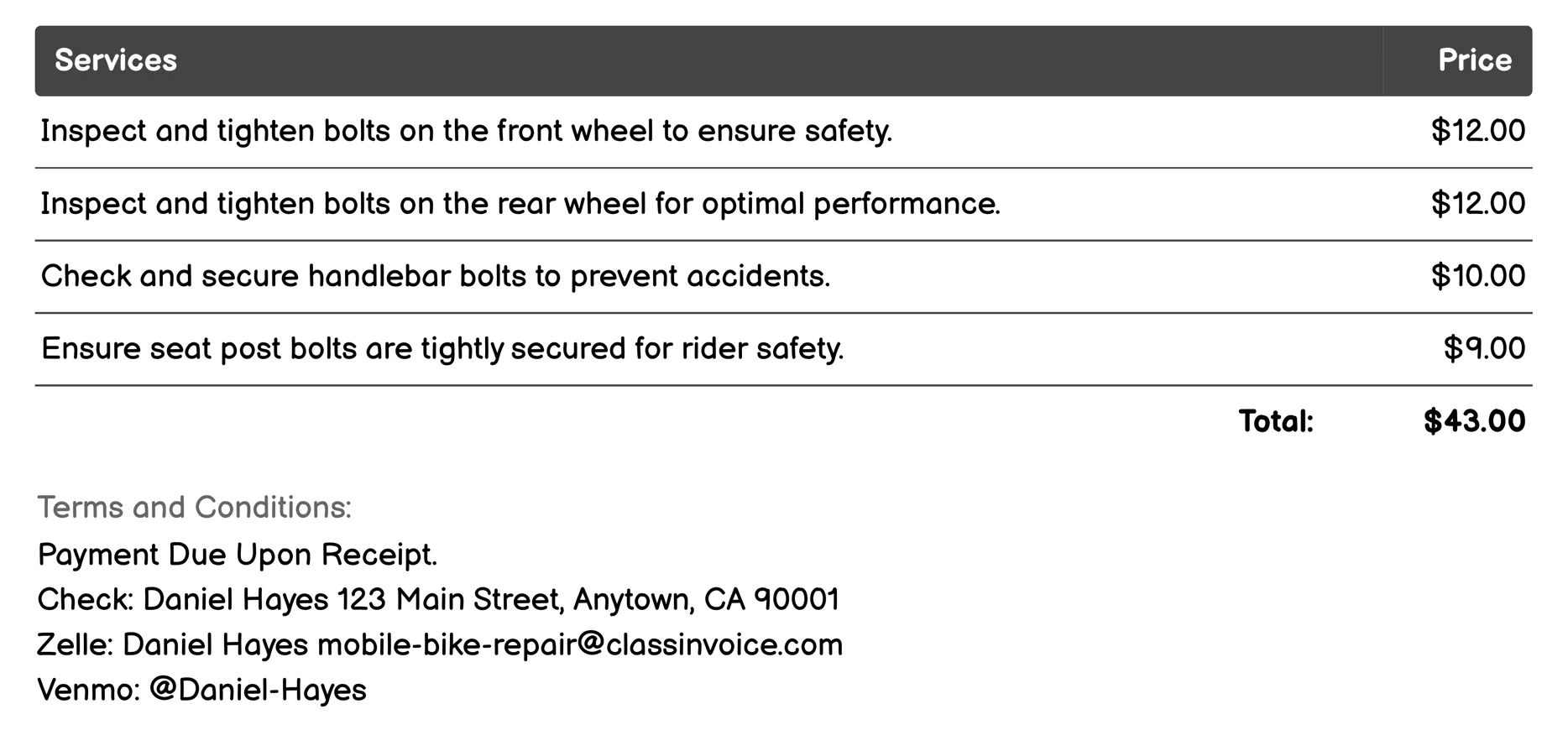 Bolt Tightening and Inspection Invoice Example