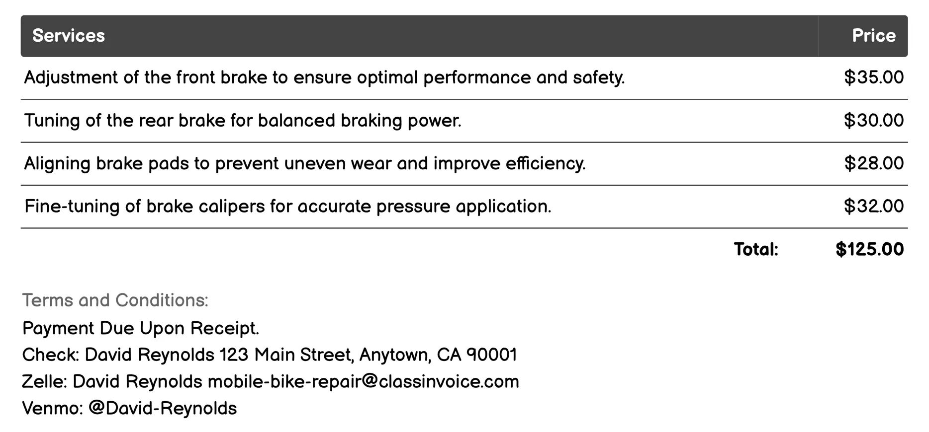 Brake Adjustment Invoice Example