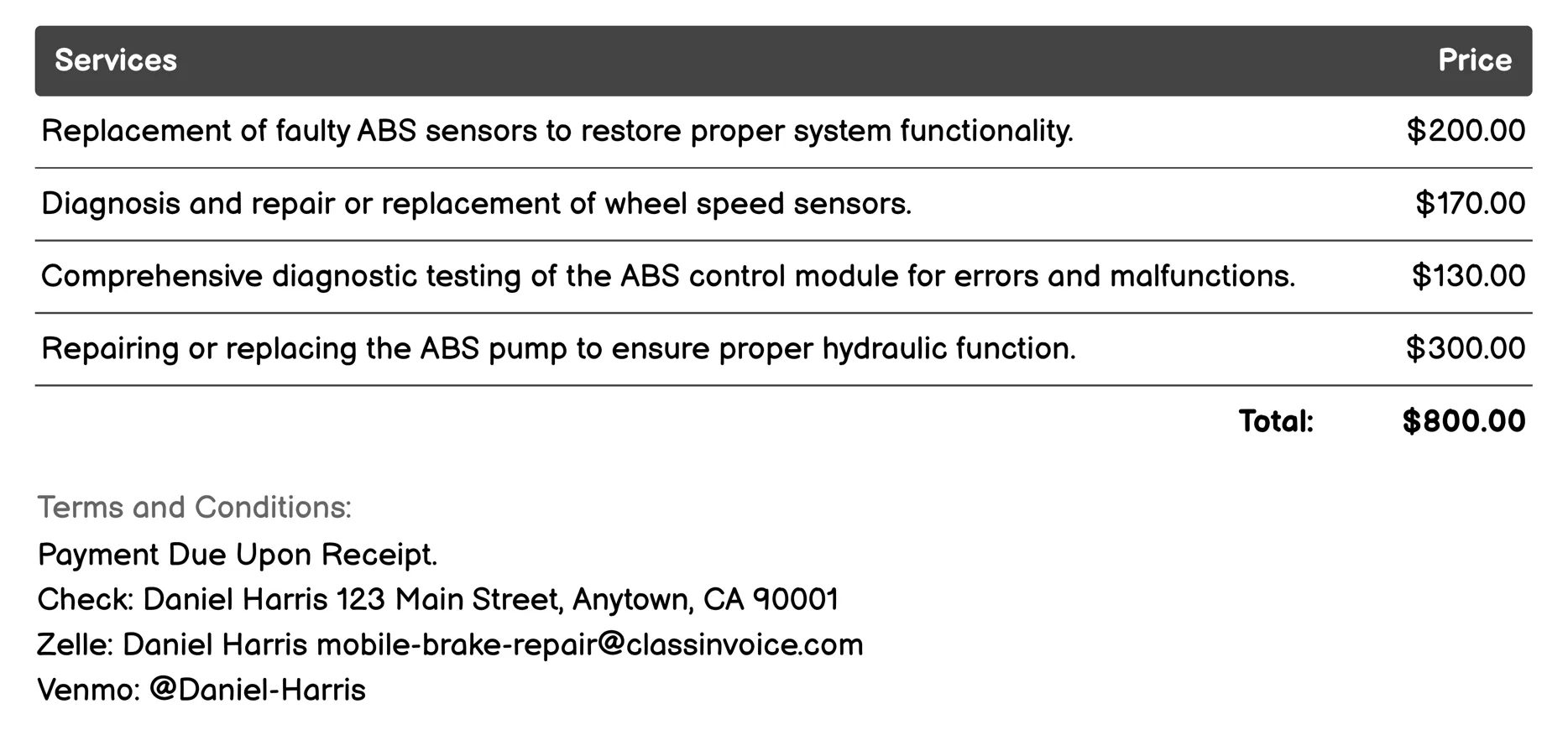 ABS System Repair Invoice Example