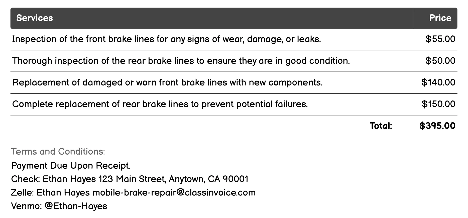 Brake Line Inspection and Replacement Invoice Example