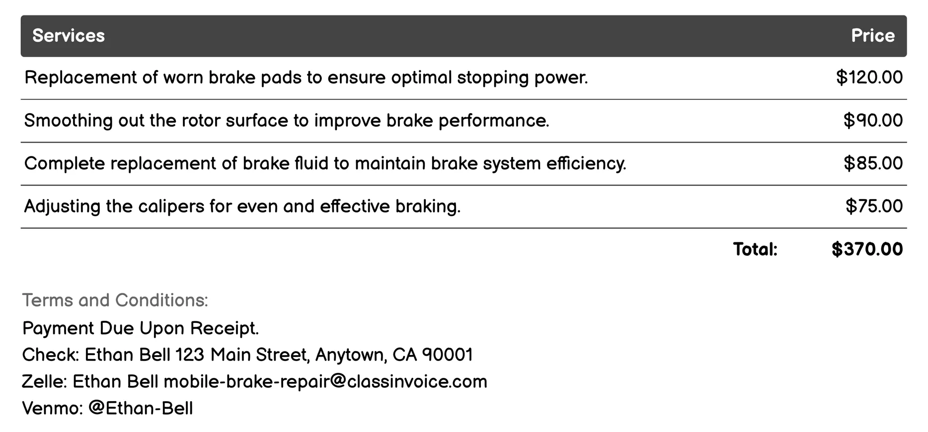 Emergency Brake Adjustment Invoice Example