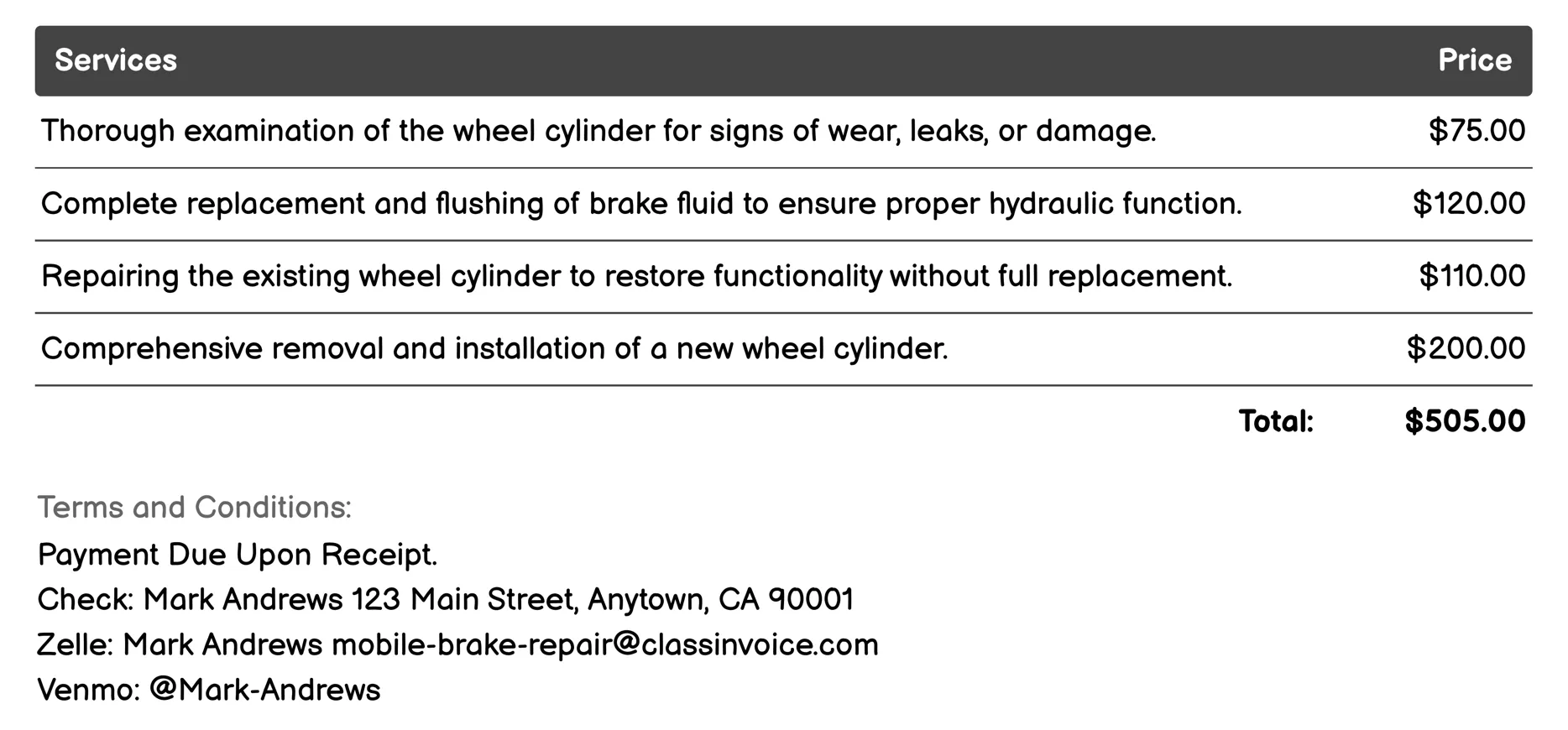 Wheel Cylinder Repair or Replacement Invoice Example