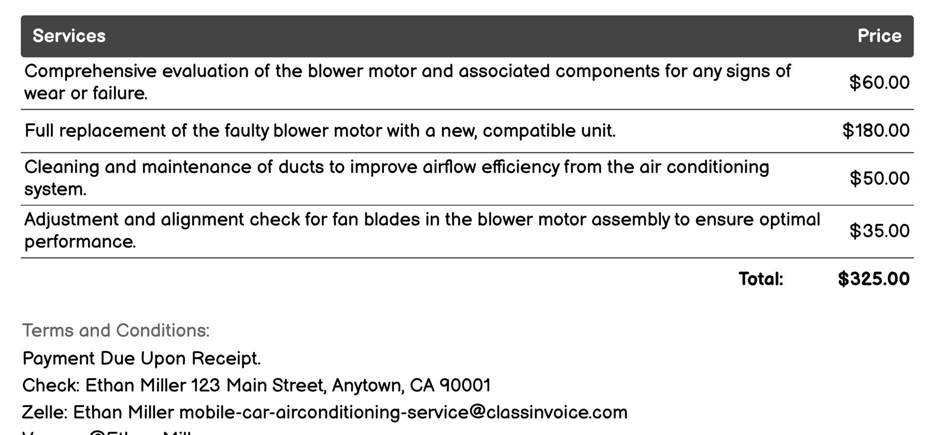Blower Motor Service Invoice Example