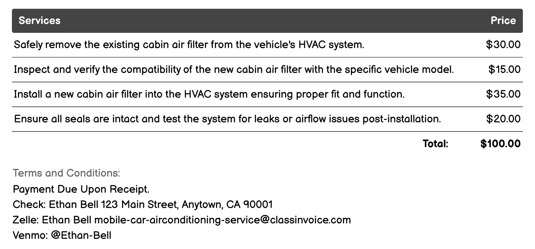 Cabin Filter Replacement Invoice Example