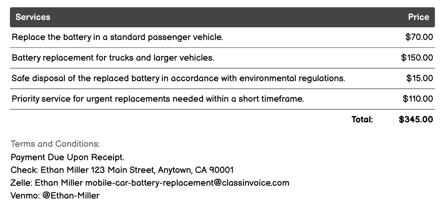 Corporate Fleet Battery Maintenance Invoice Example