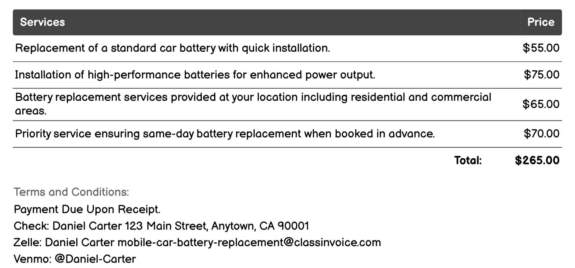 Express Mobile Battery Replacement Invoice Example