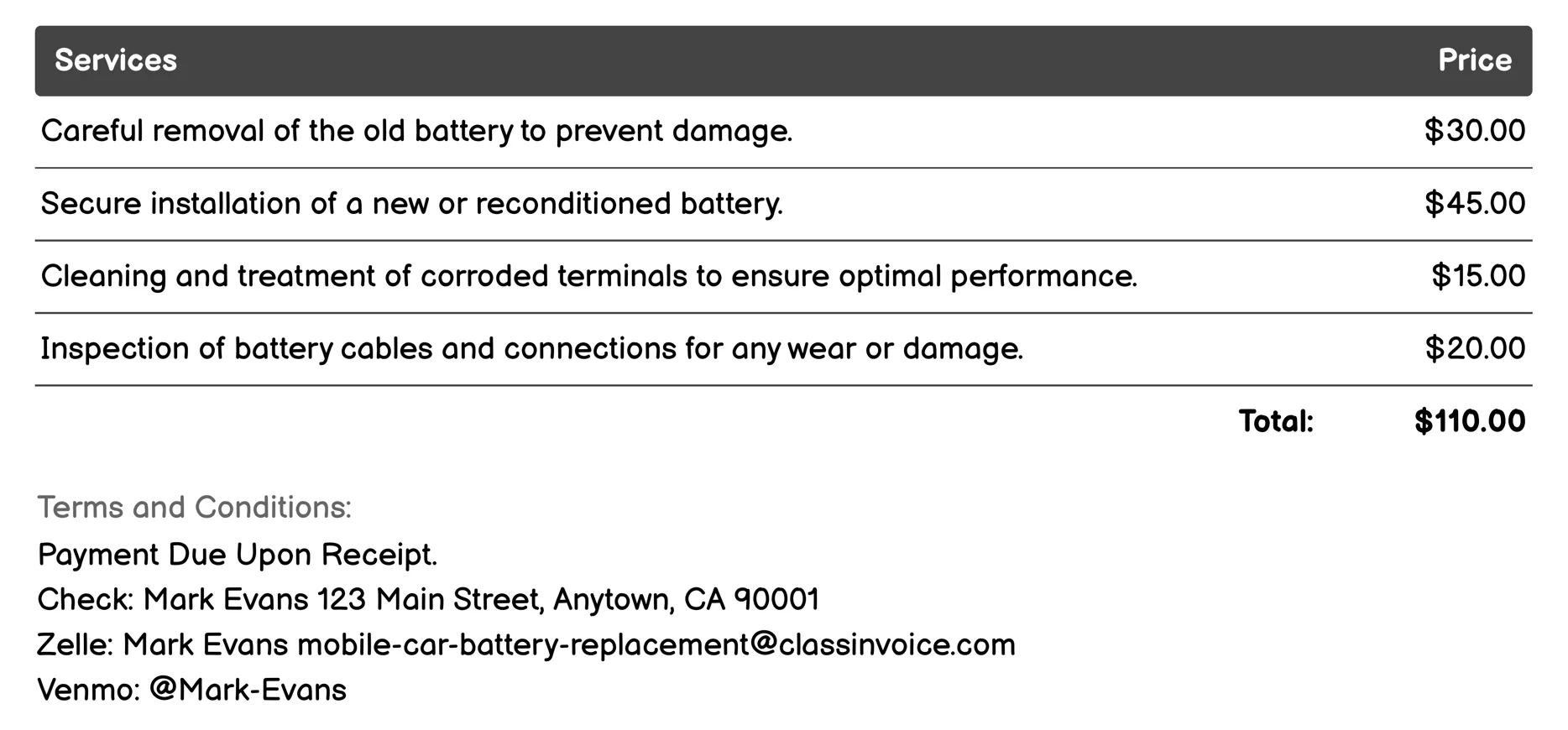 Home Service Battery Change Invoice Example