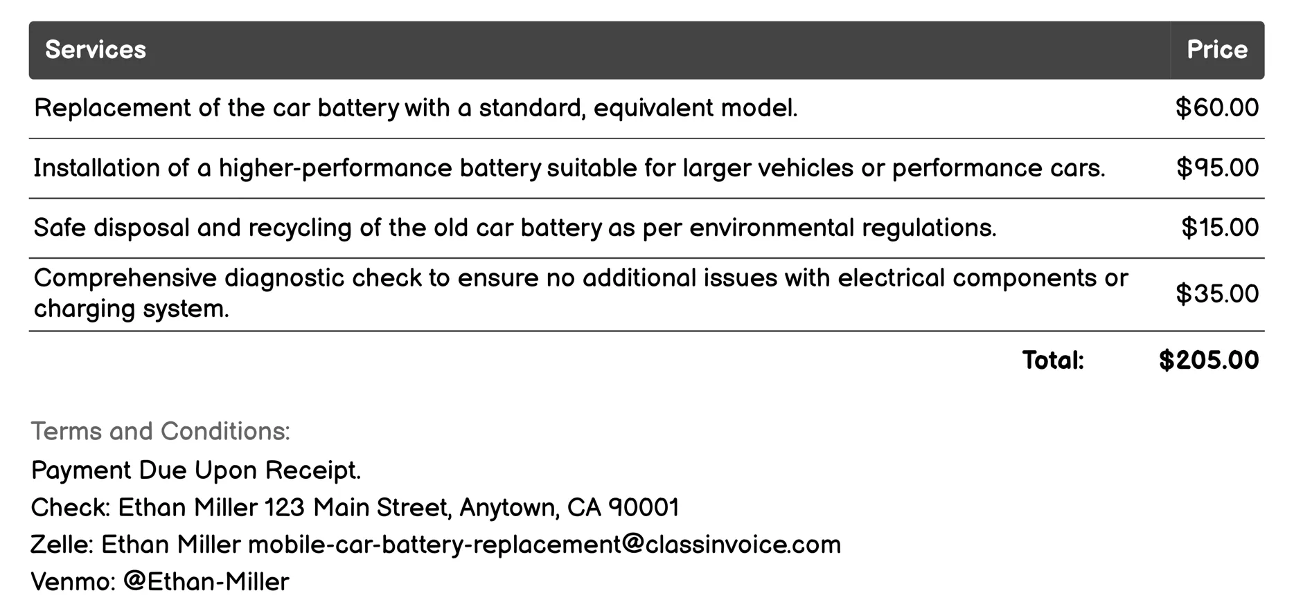 Roadside Assistance Battery Service Invoice Example