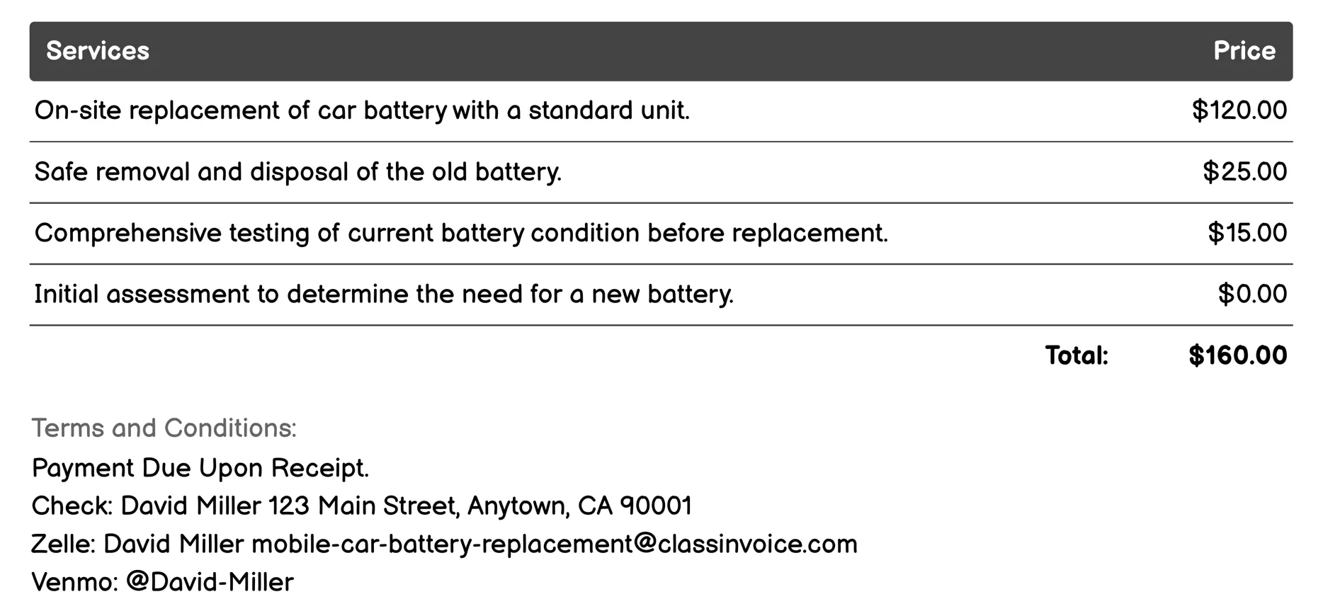 Scheduled Mobile Battery Change Invoice Example