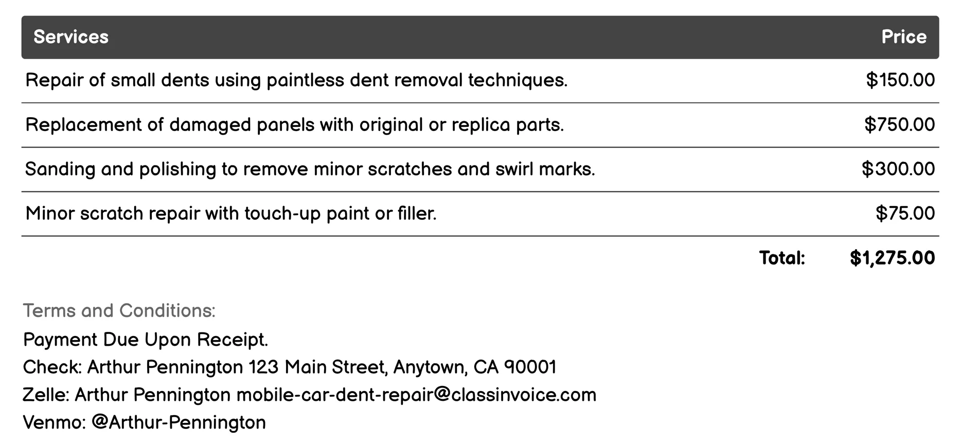 Mobile Dent Repair for Classic Cars Invoice Example
