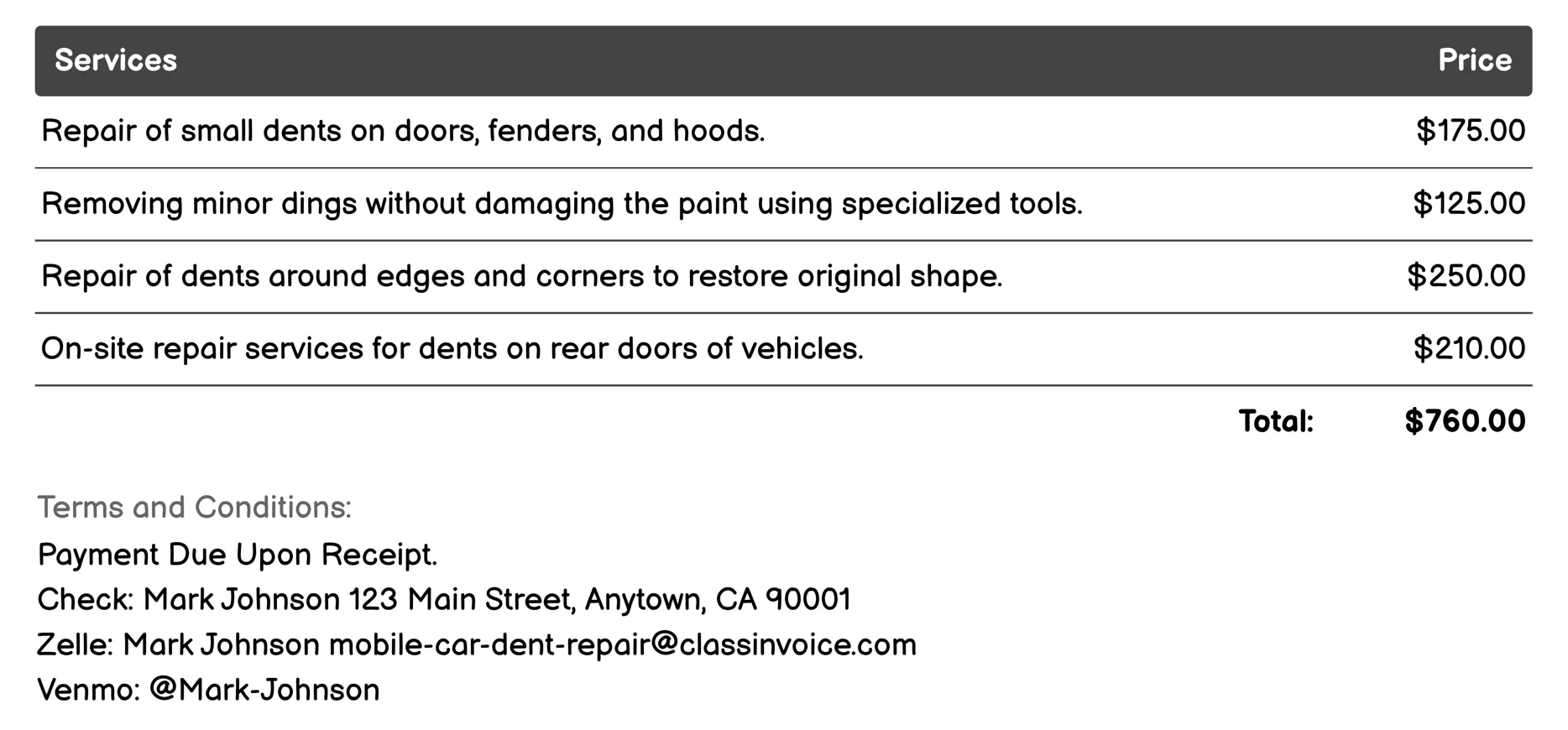 On-Site Dent Repair Invoice Example