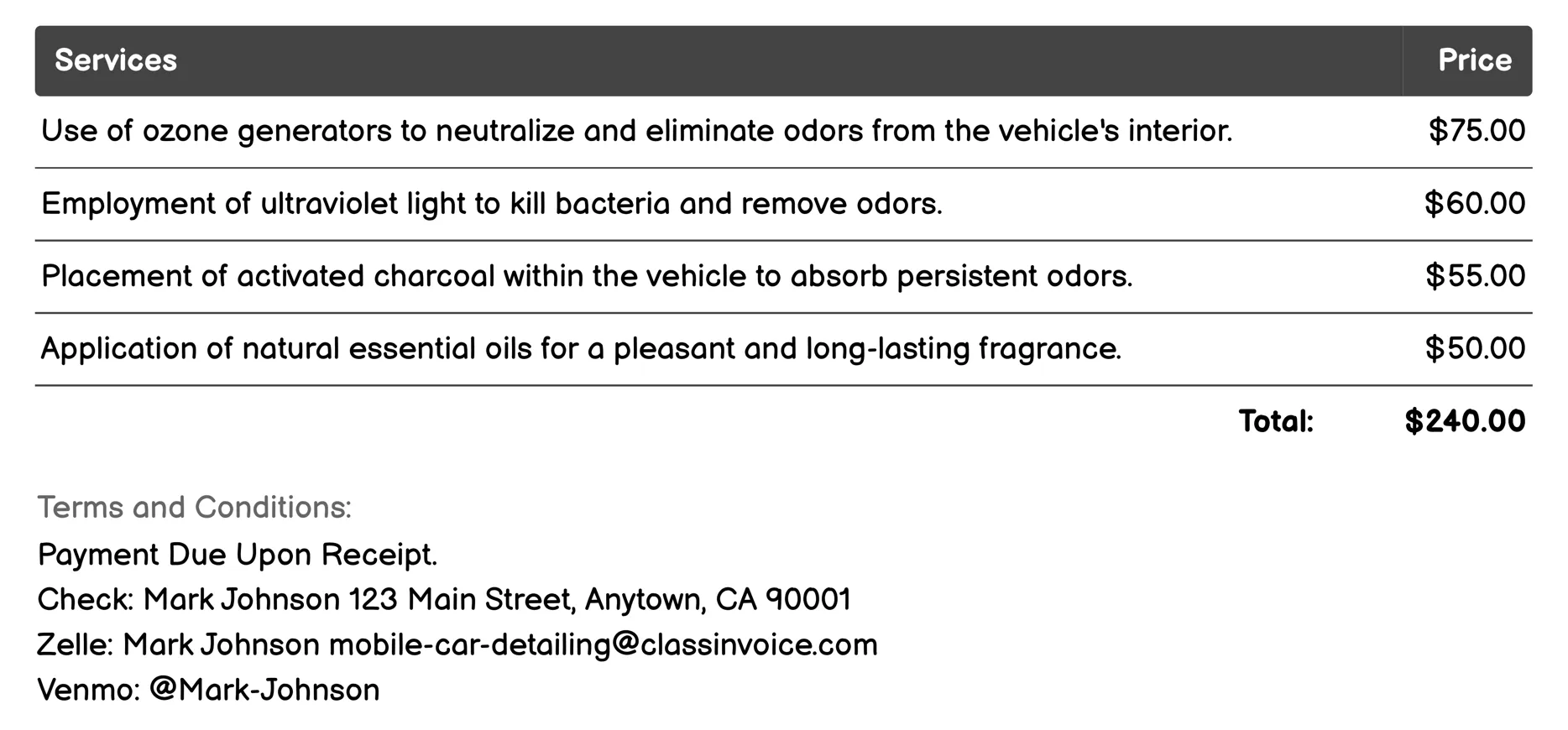 Odor Removal Invoice Example