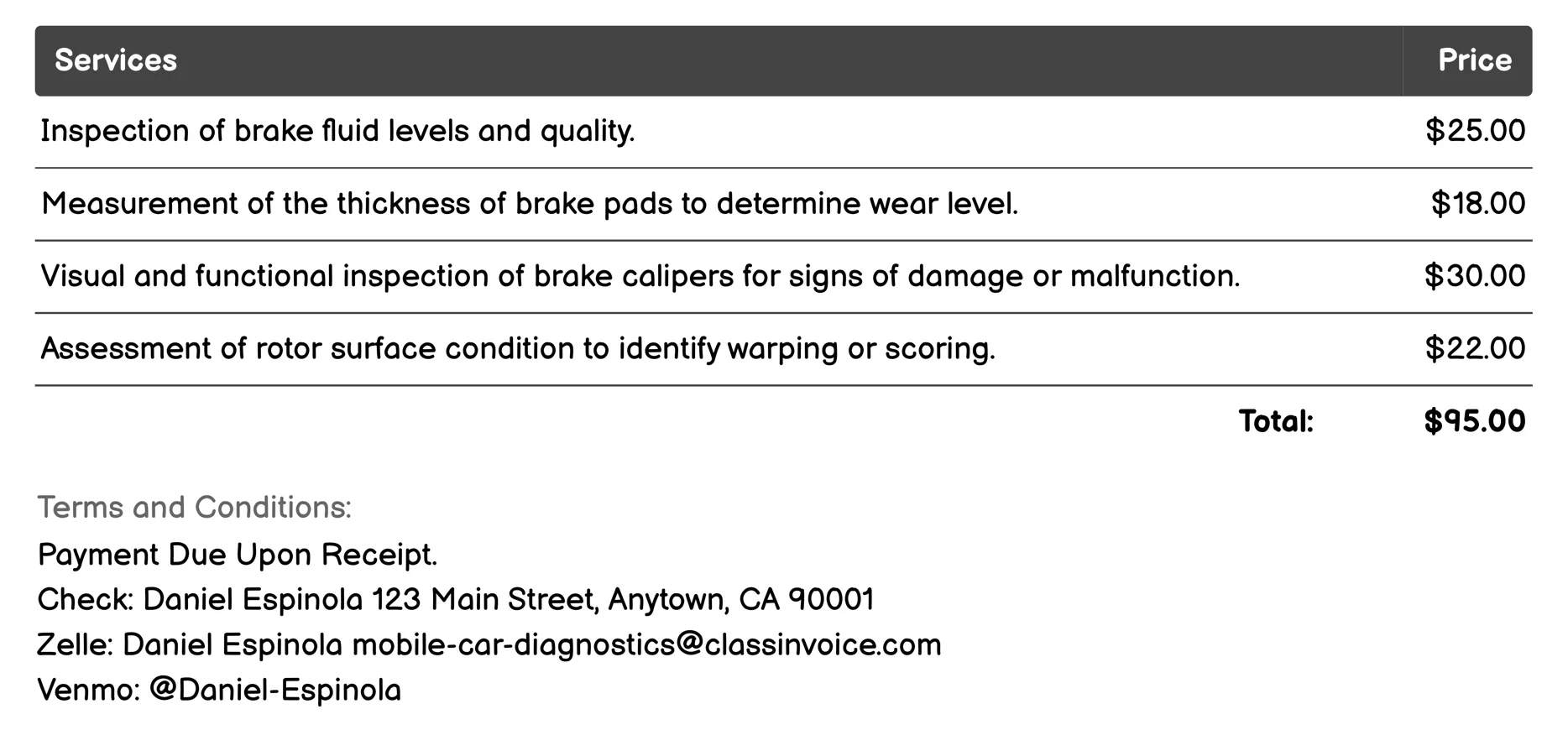Brake System Check Invoice Example