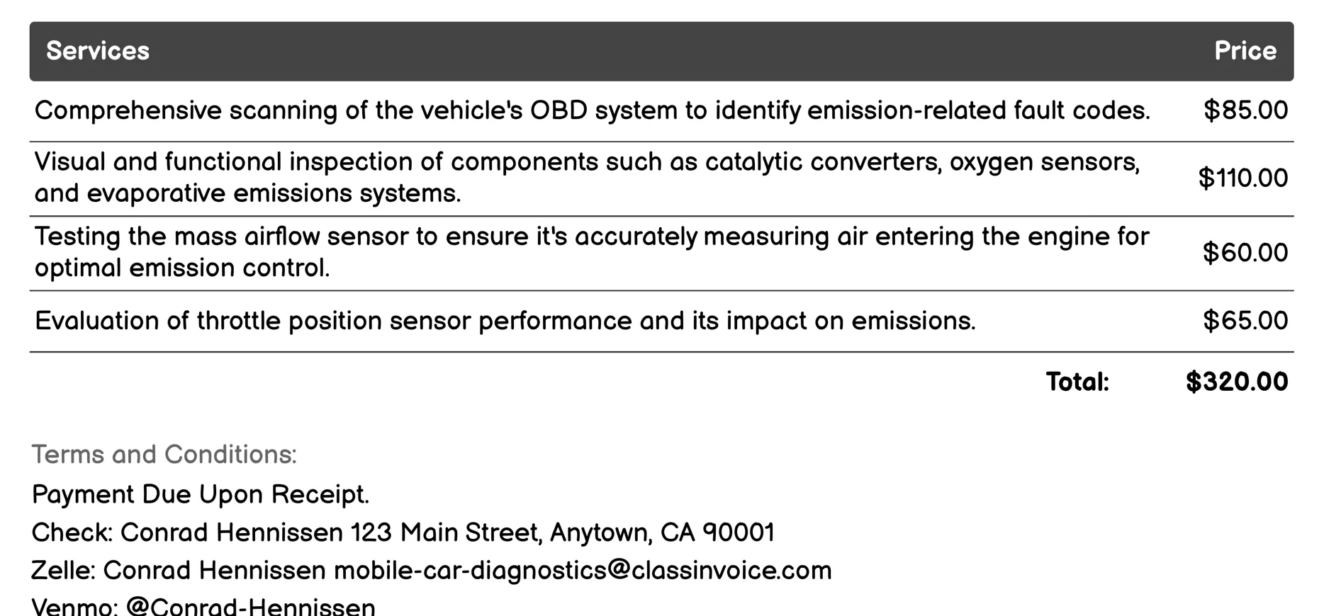 Emission Control Check Invoice Example