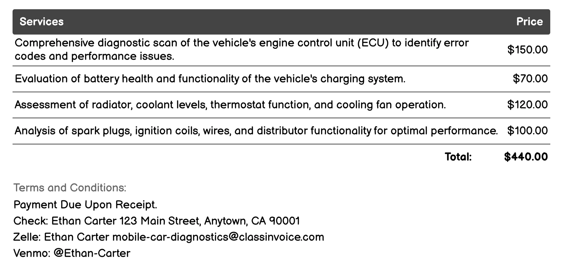 Engine Diagnostics Invoice Example