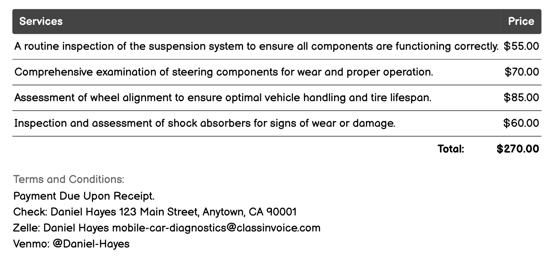 Suspension and Steering Inspection Invoice Example