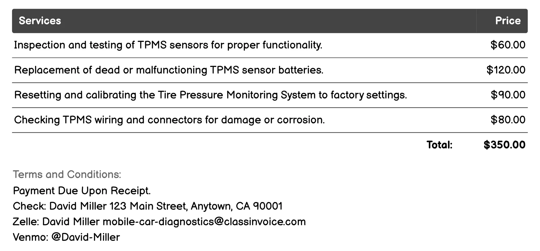 Tire Pressure Monitoring System (TPMS) Check Invoice Example