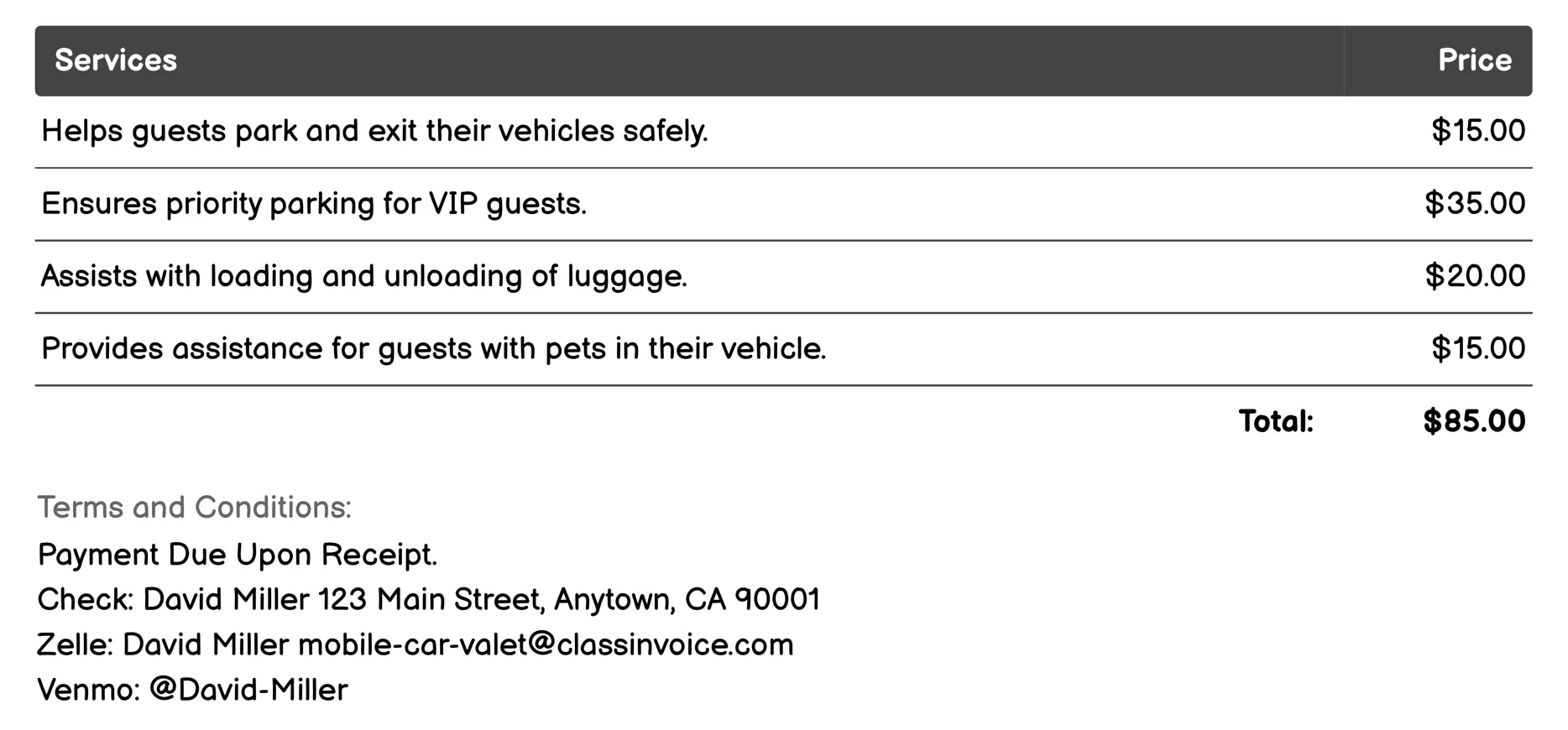 Event Valet Service Invoice Example