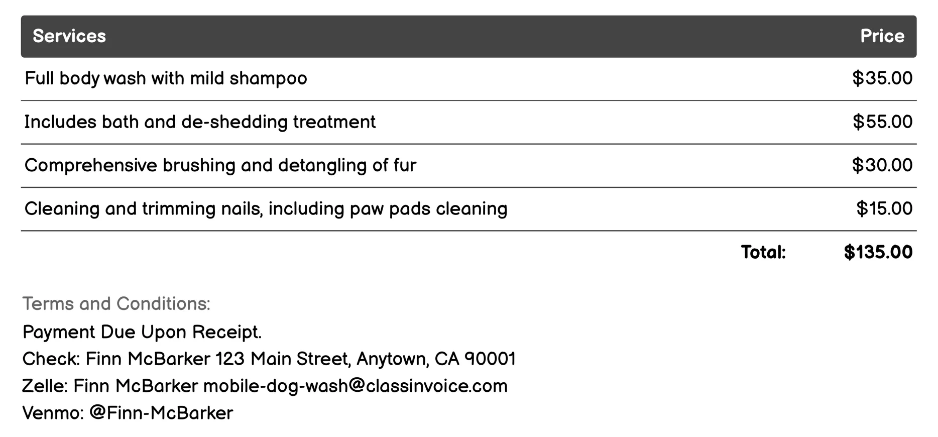 Grooming Bundle Invoice Example