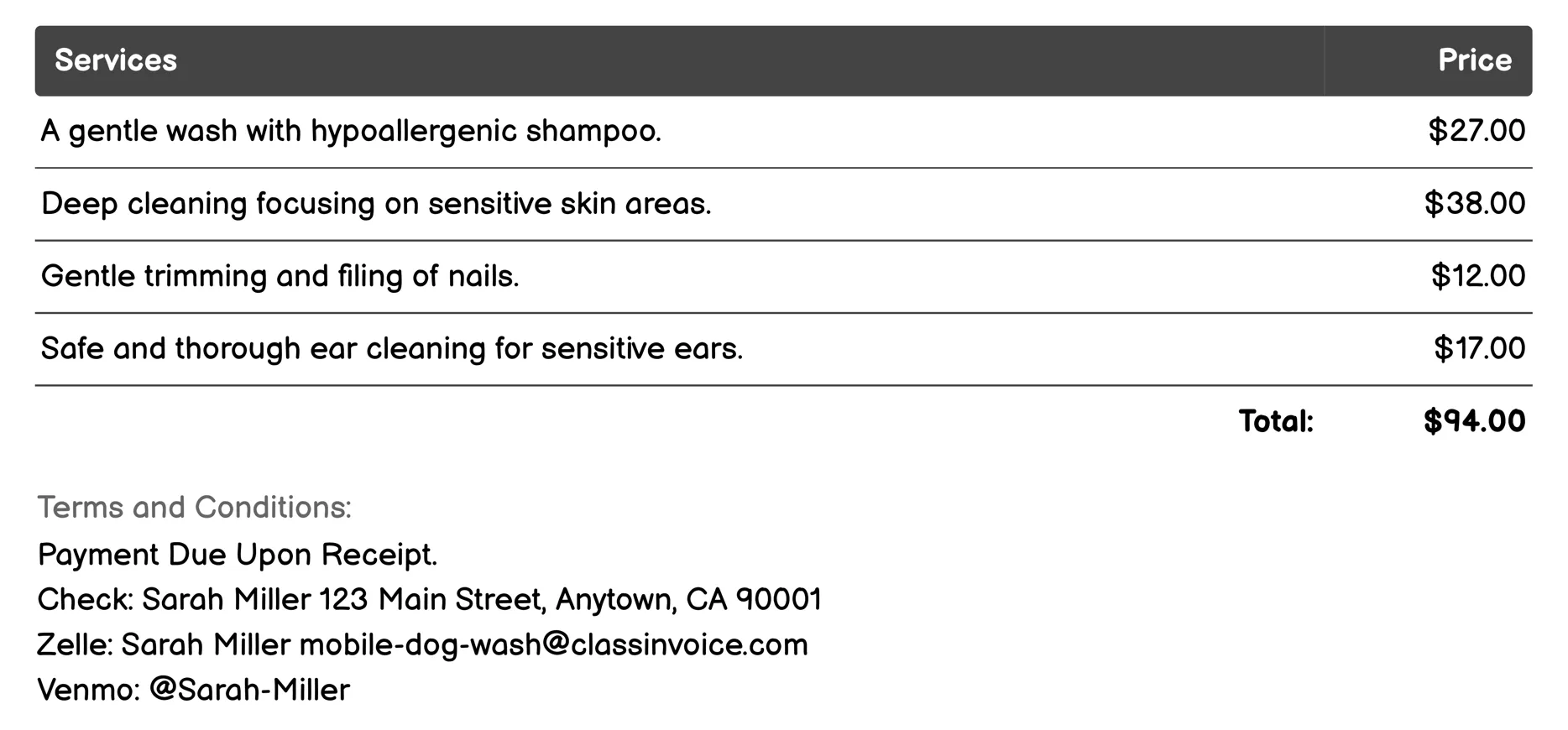 Senior Dog Wash Invoice Example