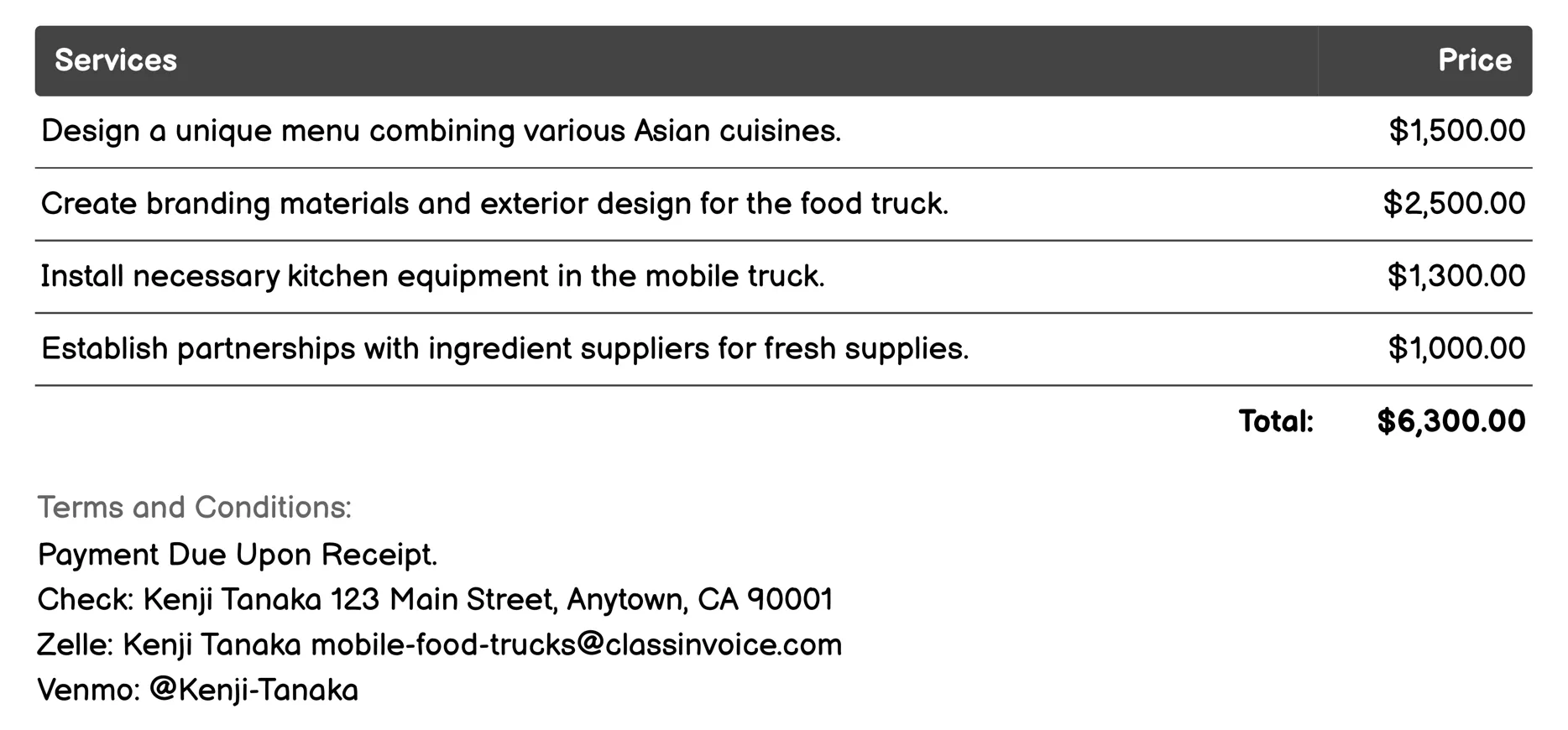Asian Fusion Invoice Example
