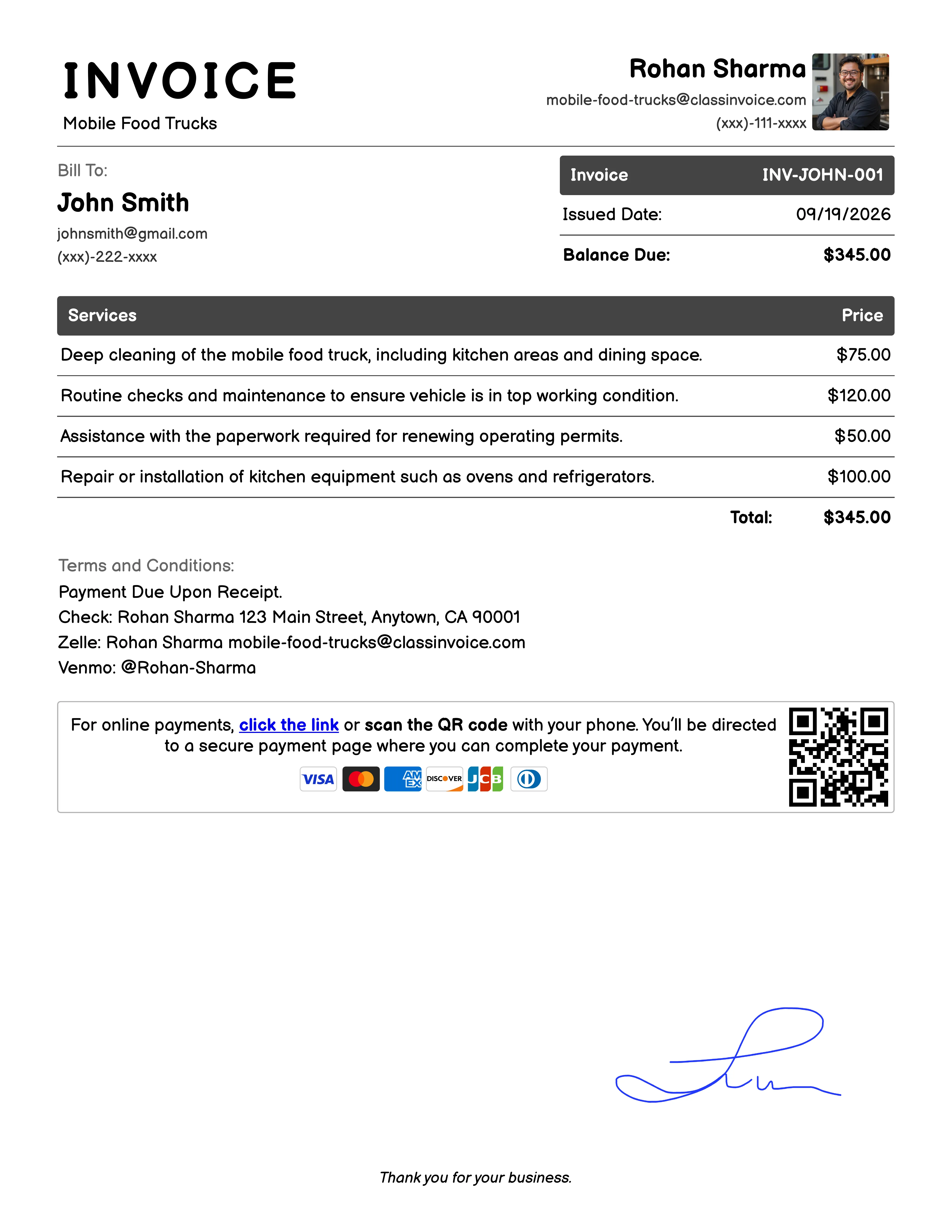 Mobile Food Trucks Invoice Example