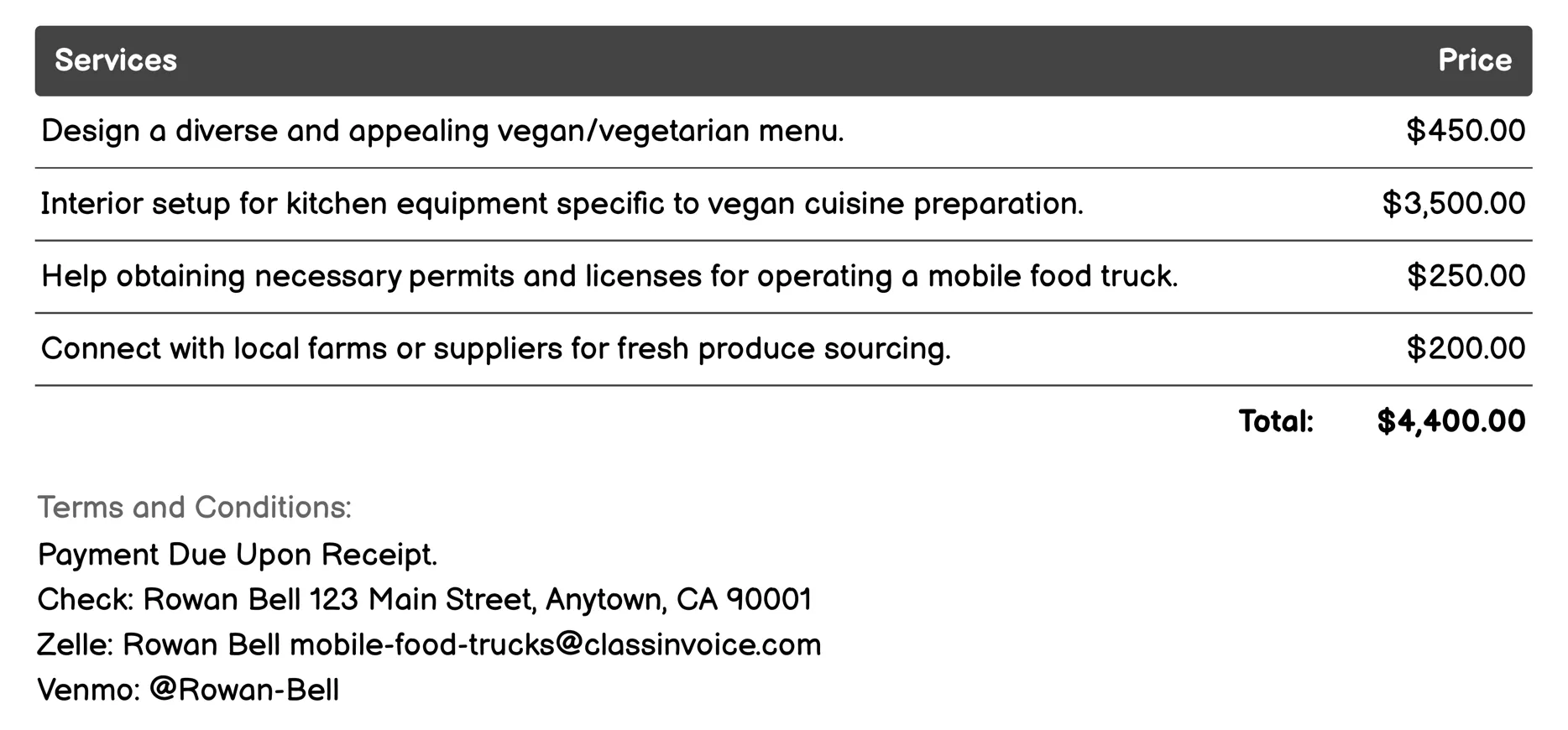 Vegan/Vegetarian Cuisine Invoice Example