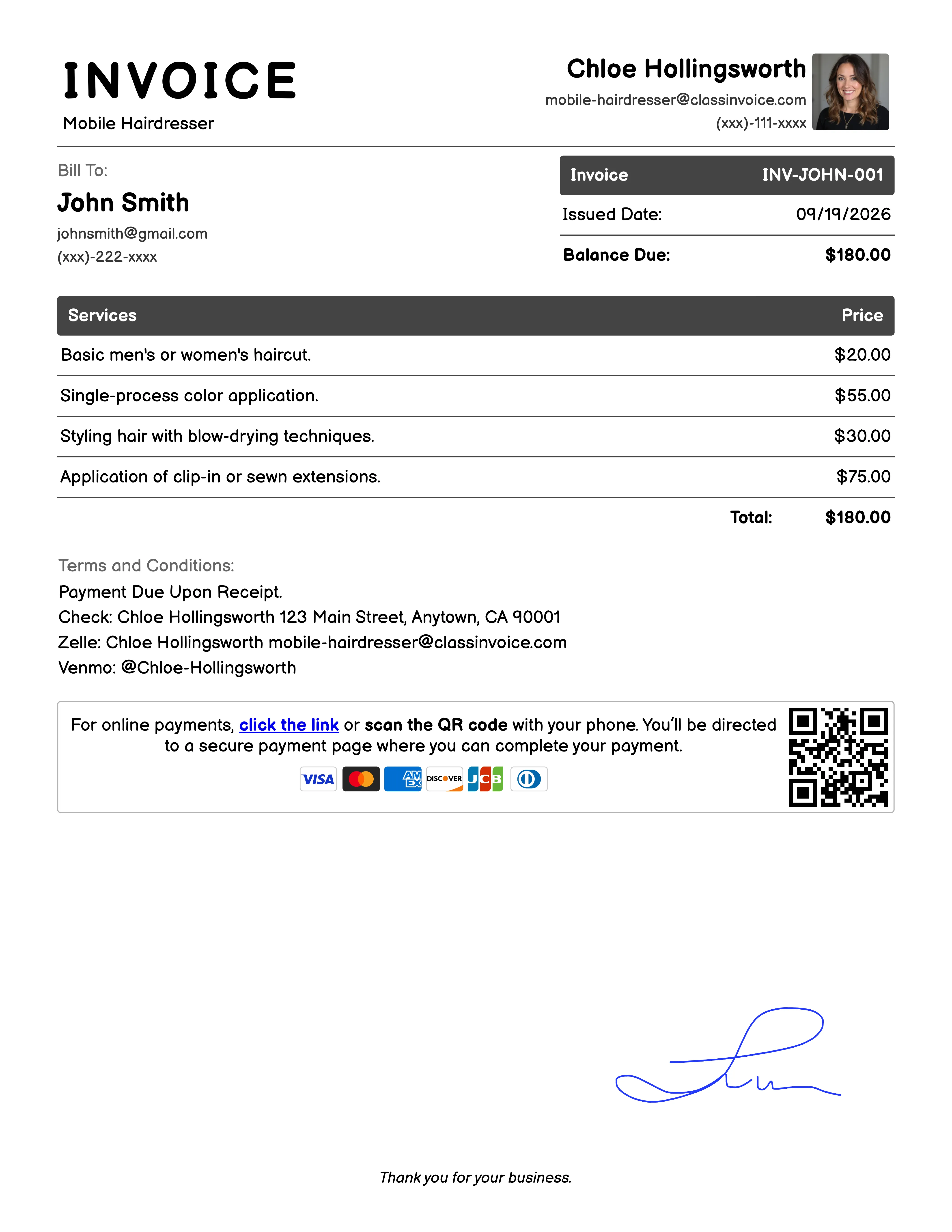 Mobile Hairdresser Invoice Example