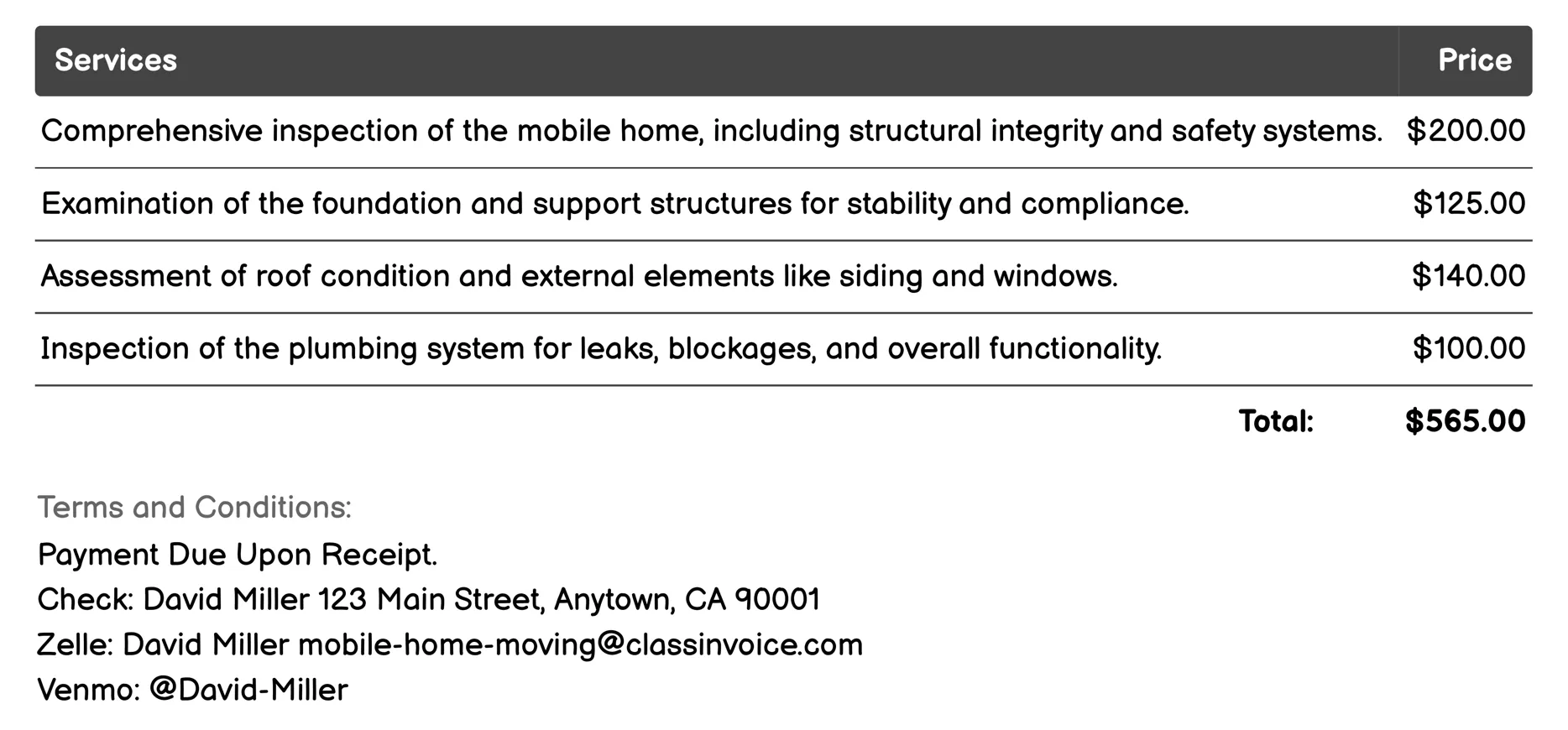 Home Inspection Invoice Example